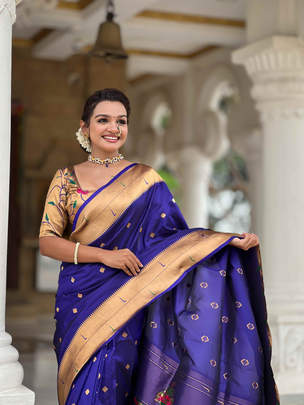 Violet Paithani Silk Saree with Zari Weaving, Meenakari Pallu & Double Munia Border