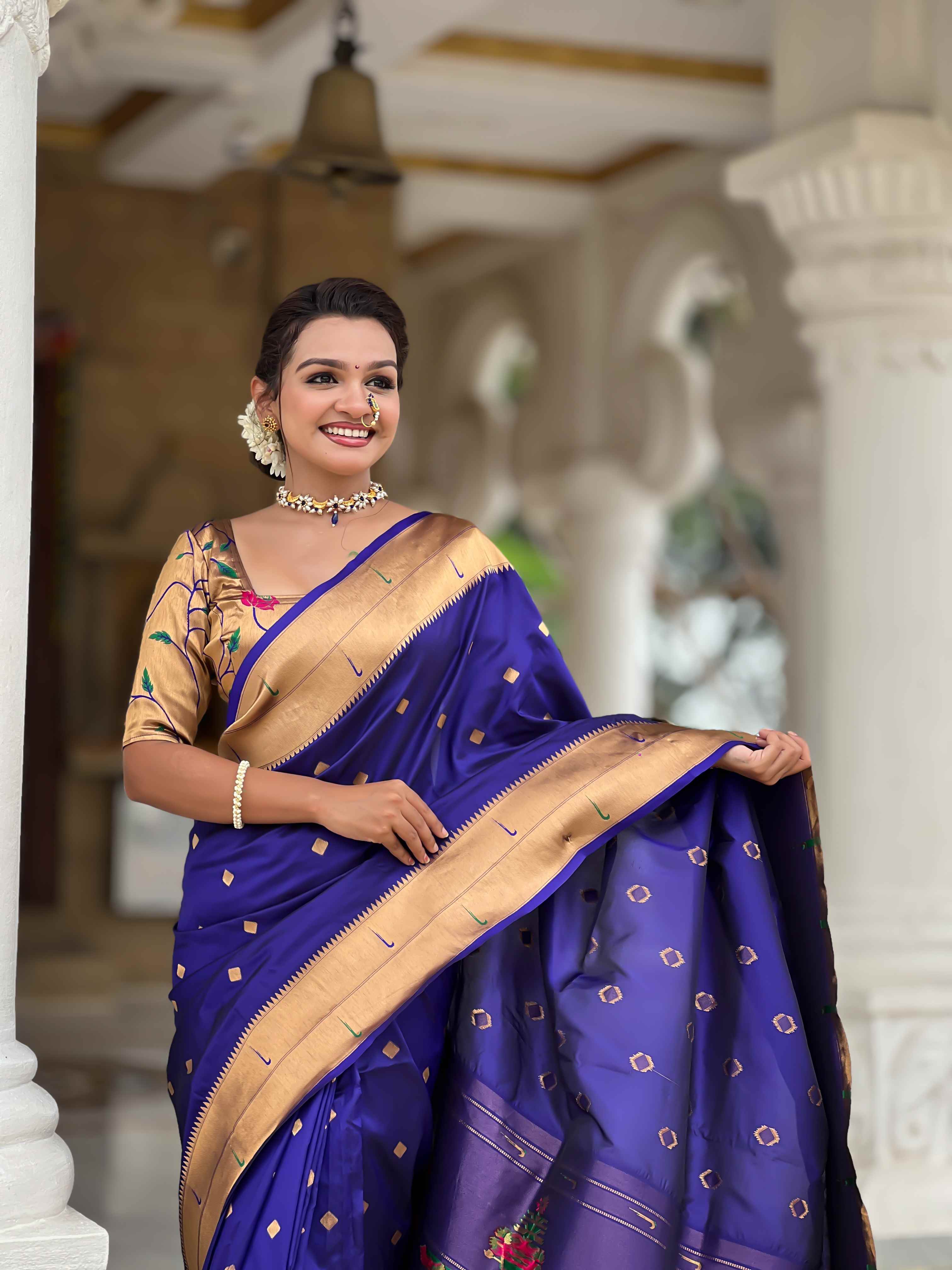 Violet Paithani Silk Saree with Zari Weaving, Meenakari Pallu & Double Munia Border
