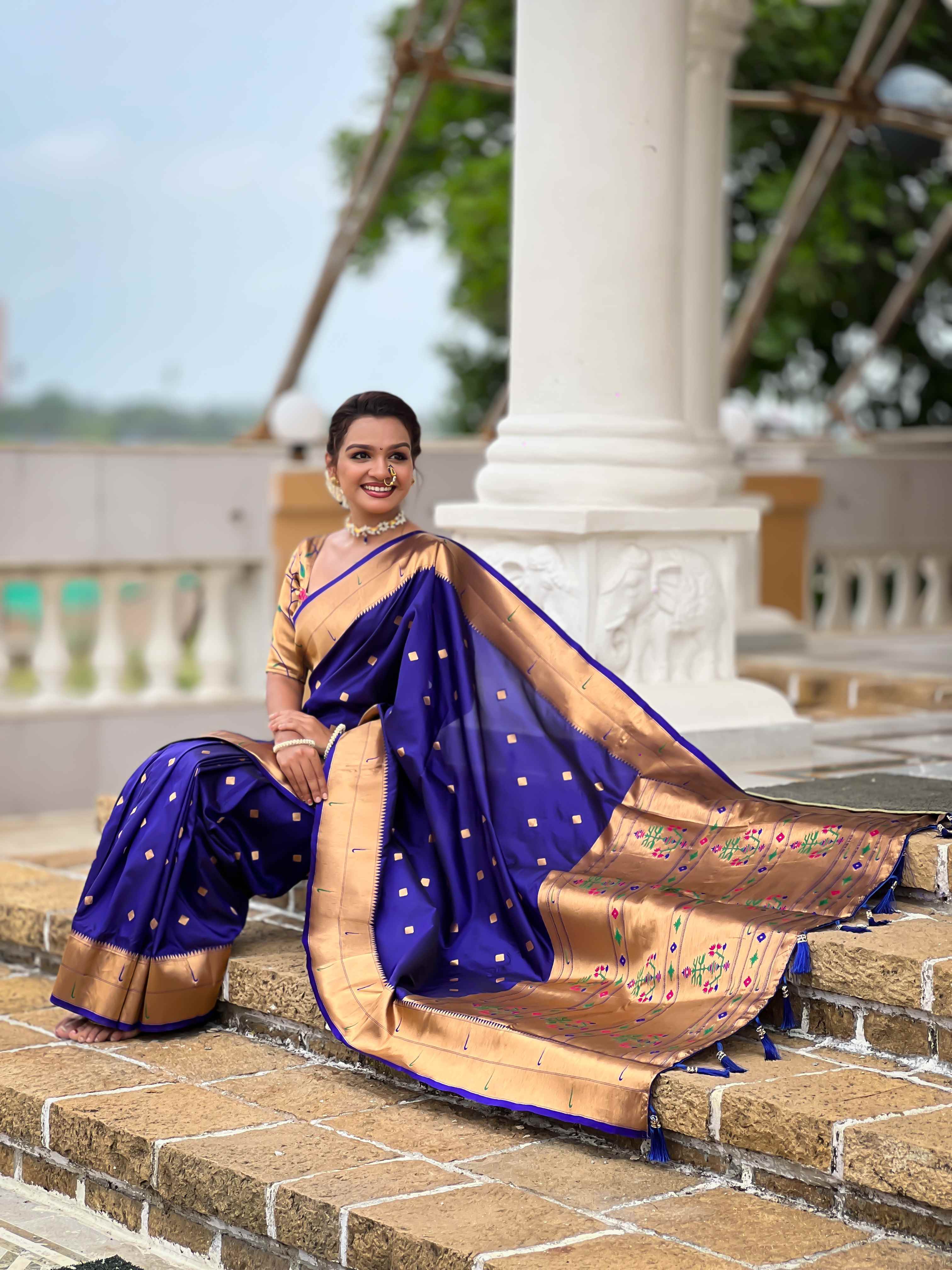 Violet Paithani Silk Saree with Zari Weaving, Meenakari Pallu & Double Munia Border