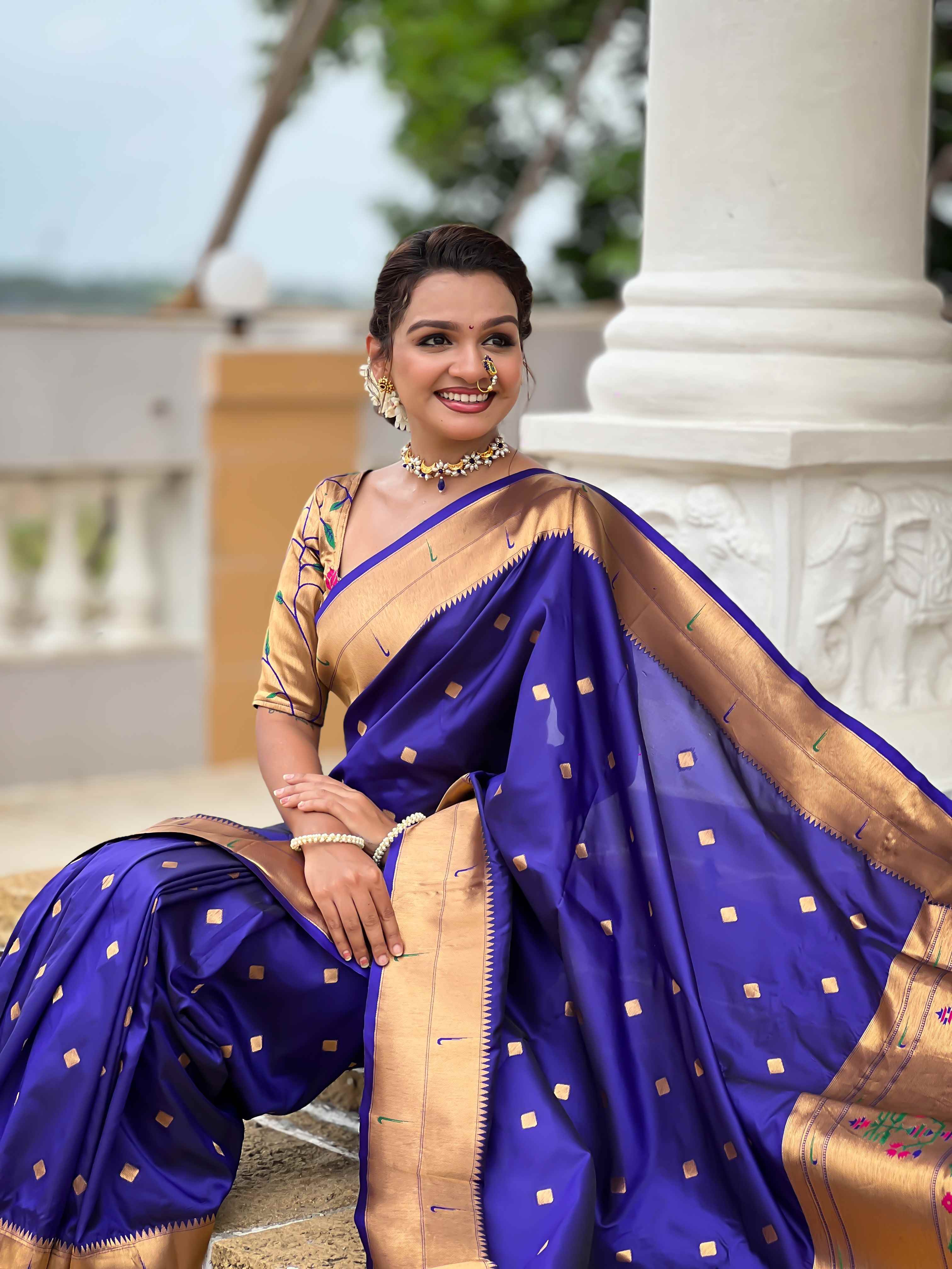 Violet Paithani Silk Saree with Zari Weaving, Meenakari Pallu & Double Munia Border