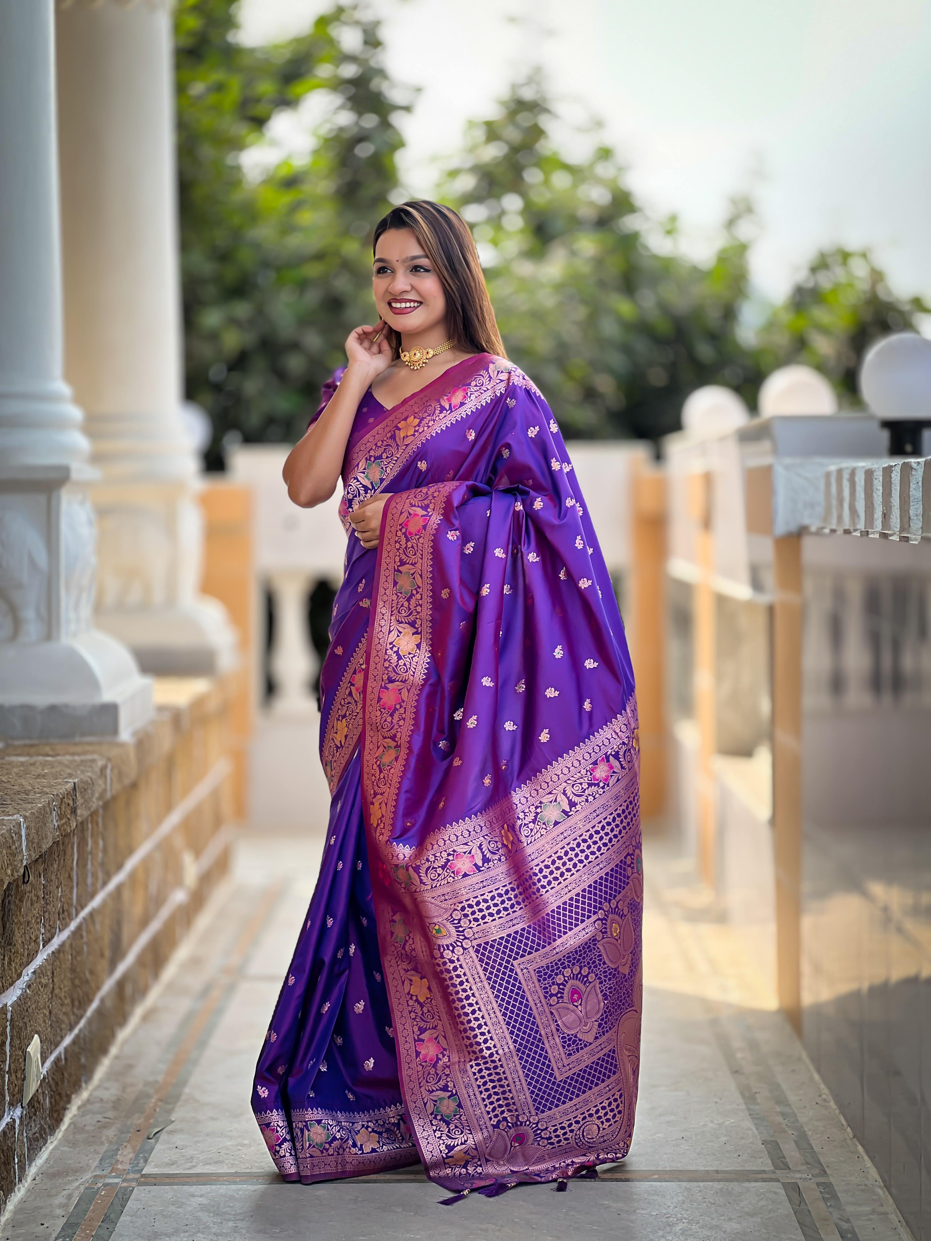 Violet Varni Fabrics Women Paisley Banarasi Silk Embellished Saree comes With Matching Blouse