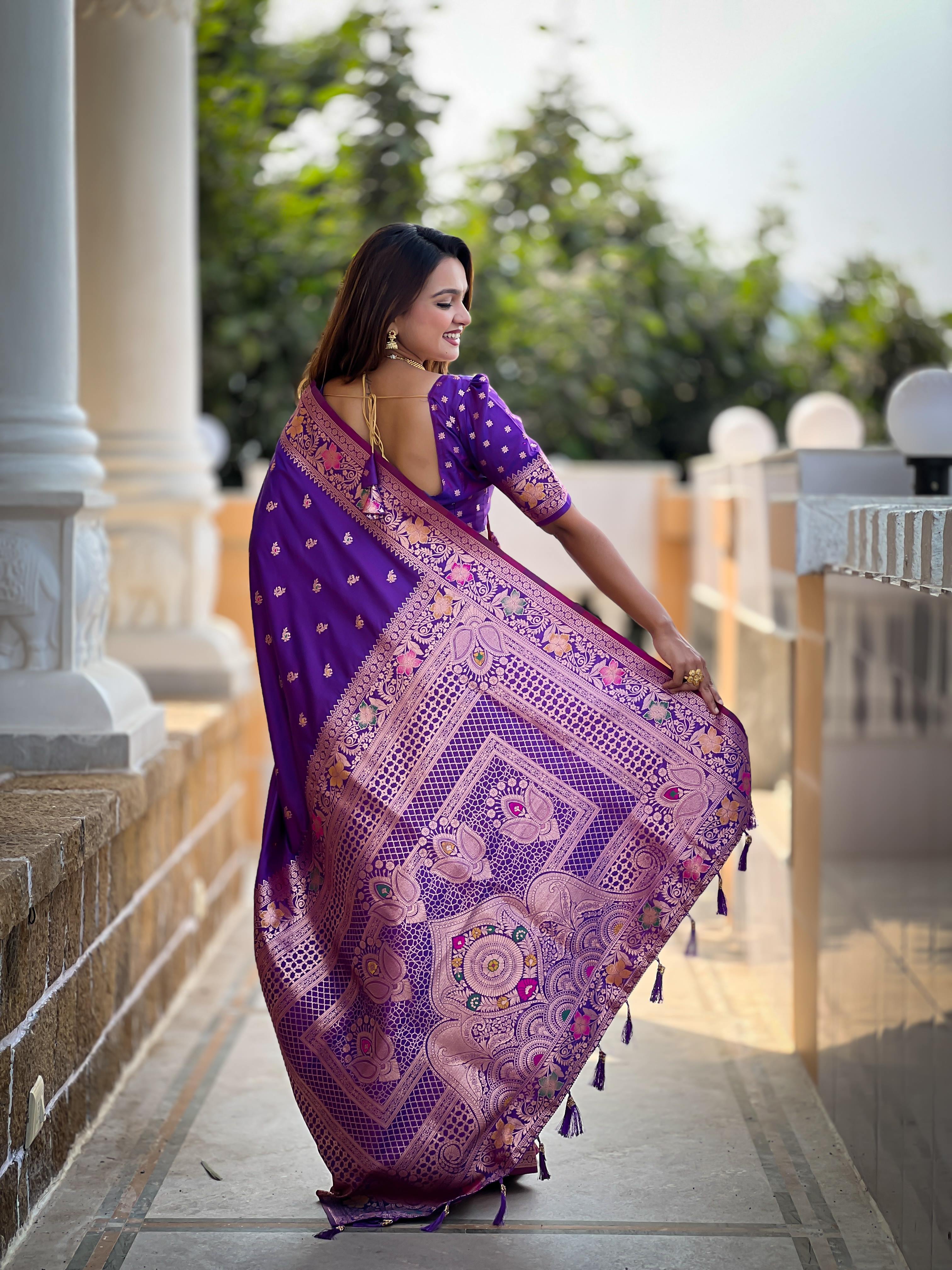 Violet Varni Fabrics Women Paisley Banarasi Silk Embellished Saree comes With Matching Blouse