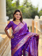 Violet Varni Fabrics Women Paisley Banarasi Silk Embellished Saree comes With Matching Blouse