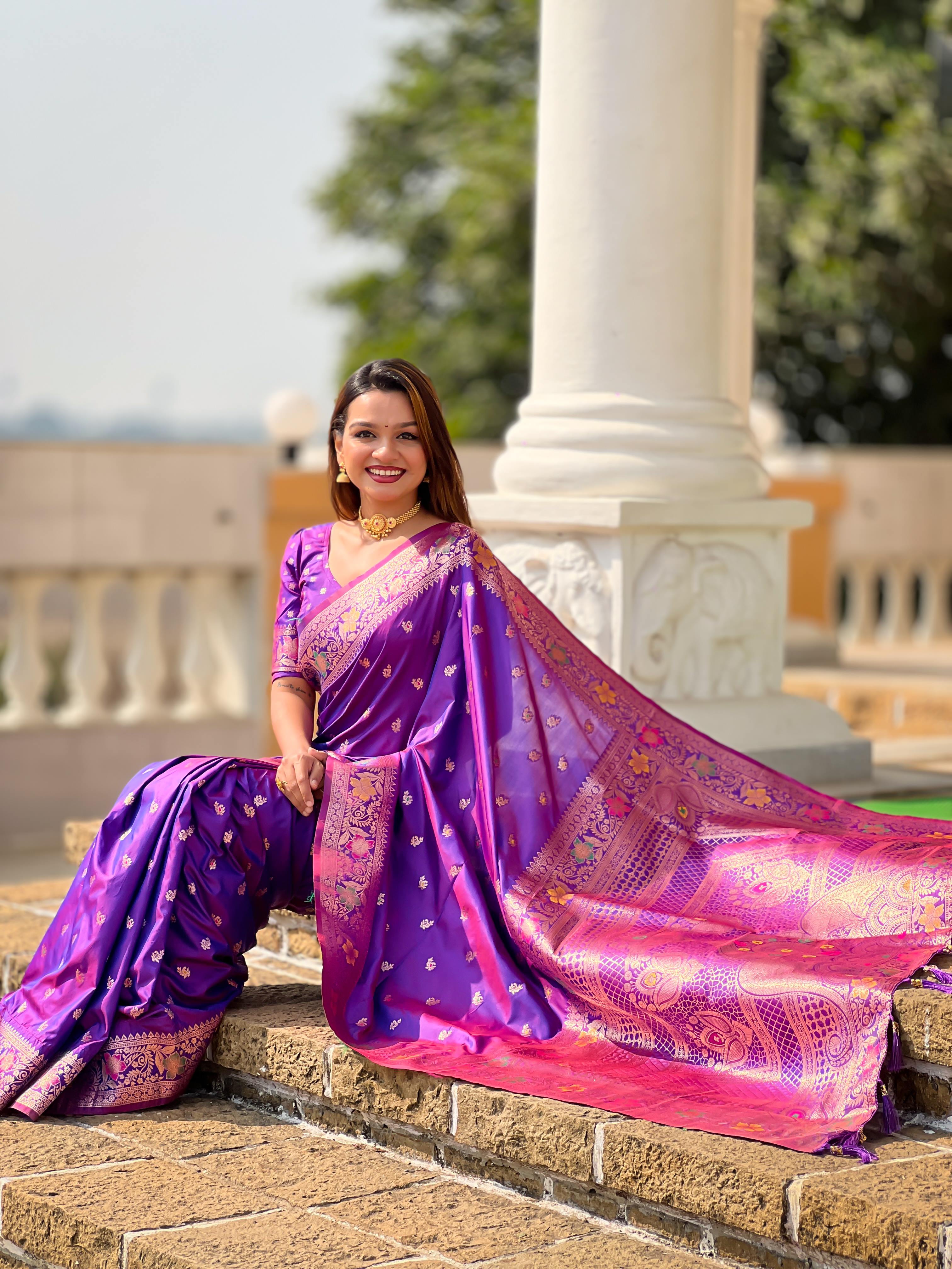 Violet Varni Fabrics Women Paisley Banarasi Silk Embellished Saree comes With Matching Blouse