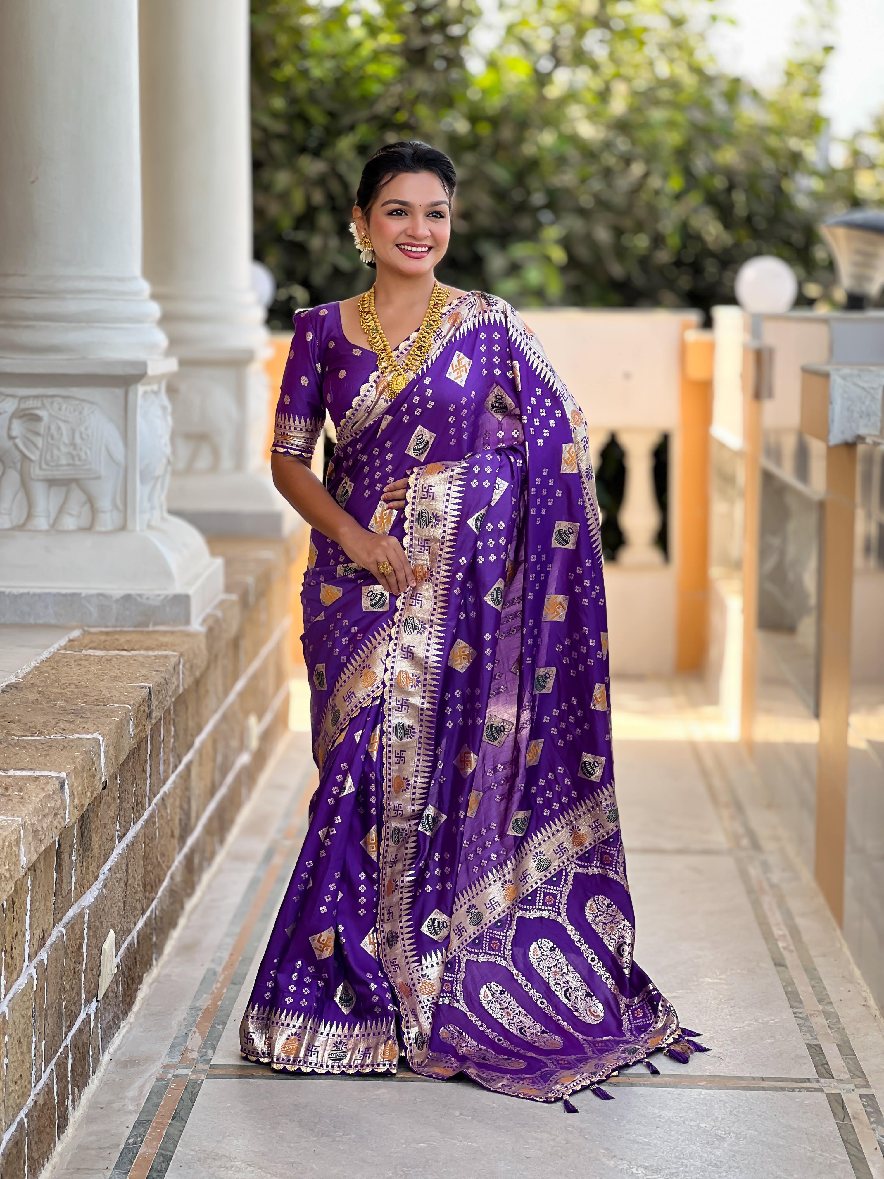 Purple Varni Fabrics Women Floral Dolla Silk Tassels and Latkans Saree comes With Matching Blouse