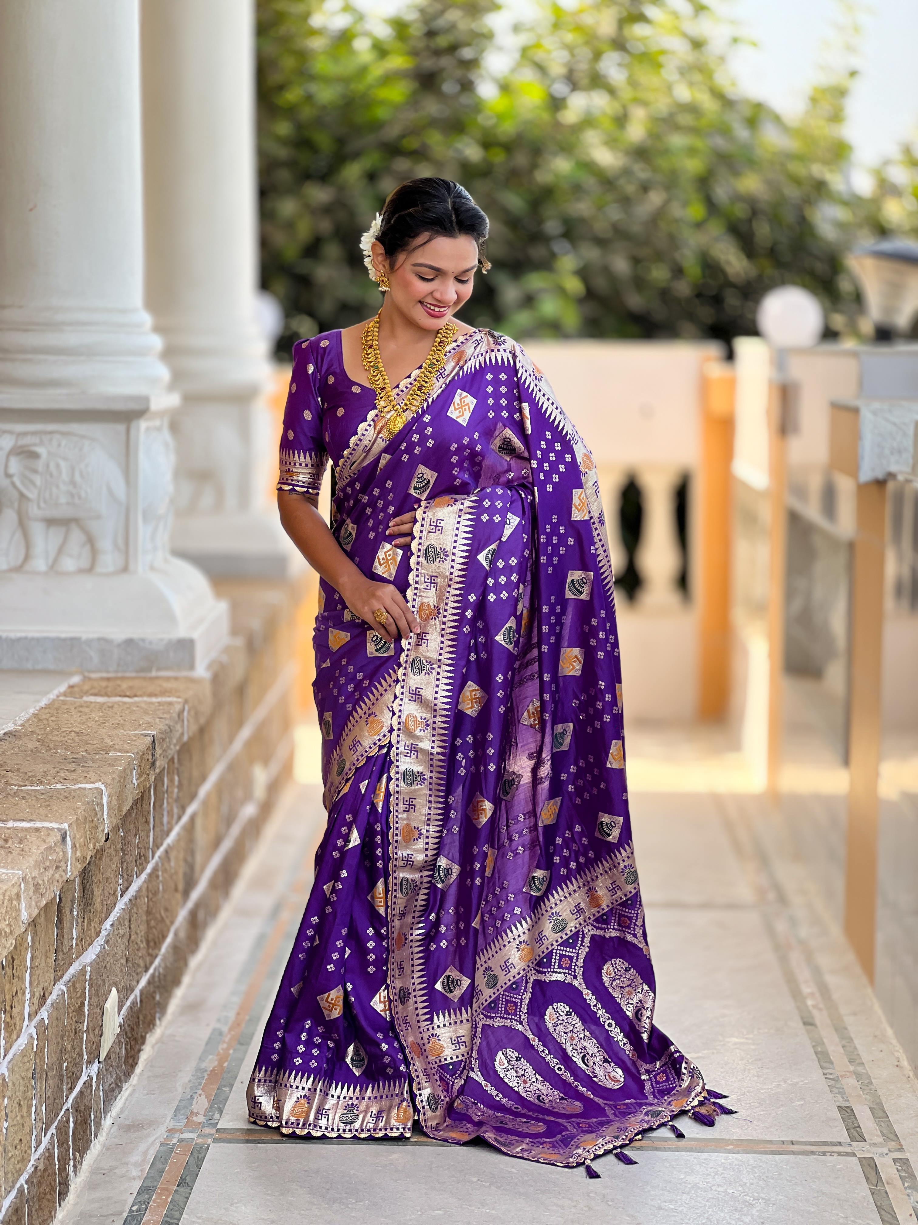 Purple Varni Fabrics Women Floral Dolla Silk Tassels and Latkans Saree comes With Matching Blouse