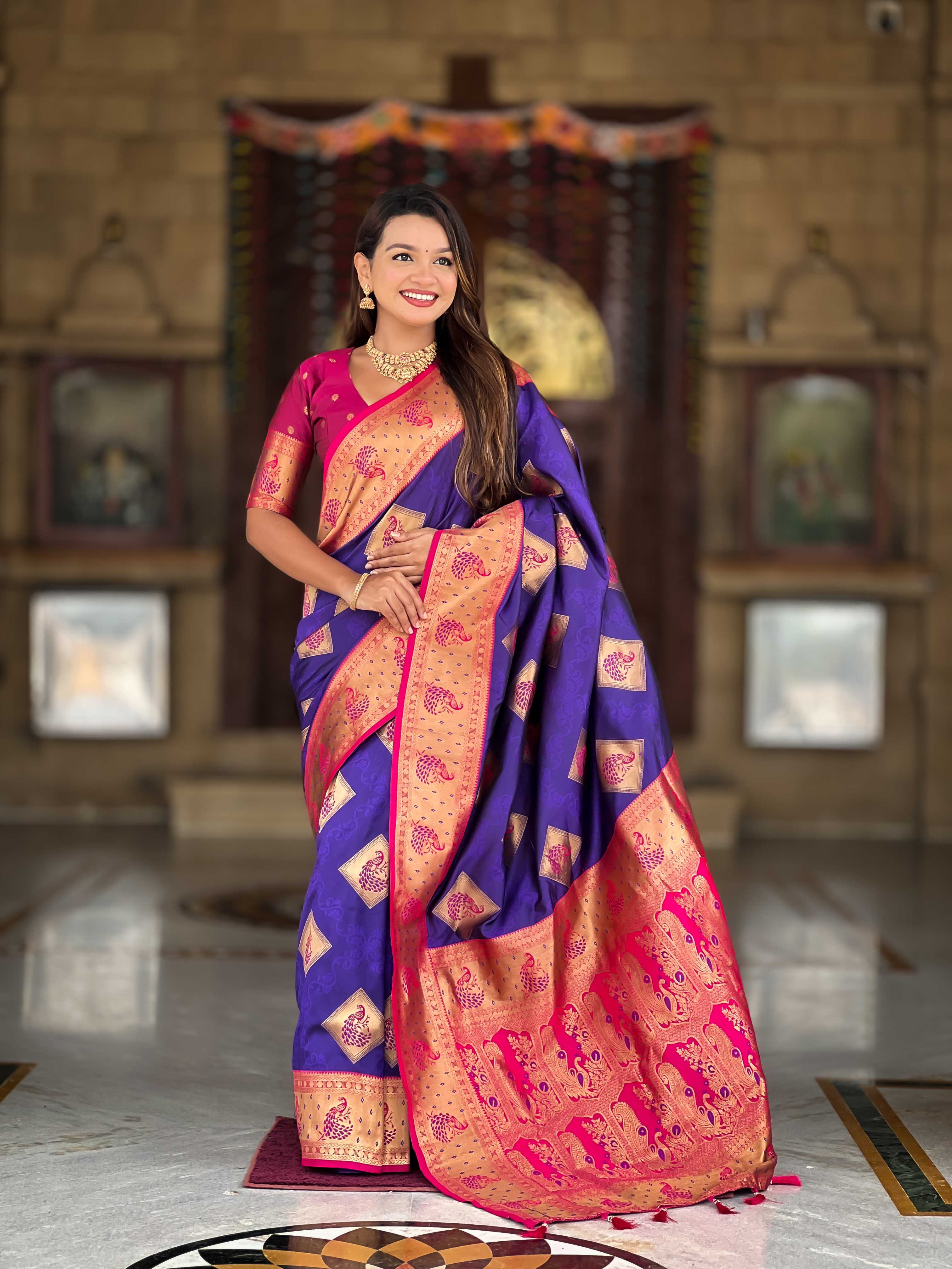 Violet Soft Banarasi silk saree with zari weaving Meenakari design all over the saree & contrast weawing Rich pallu with contrast weawing border & tessels attached at Pallu End. Blouse :- Soft silk weawing blouse piece