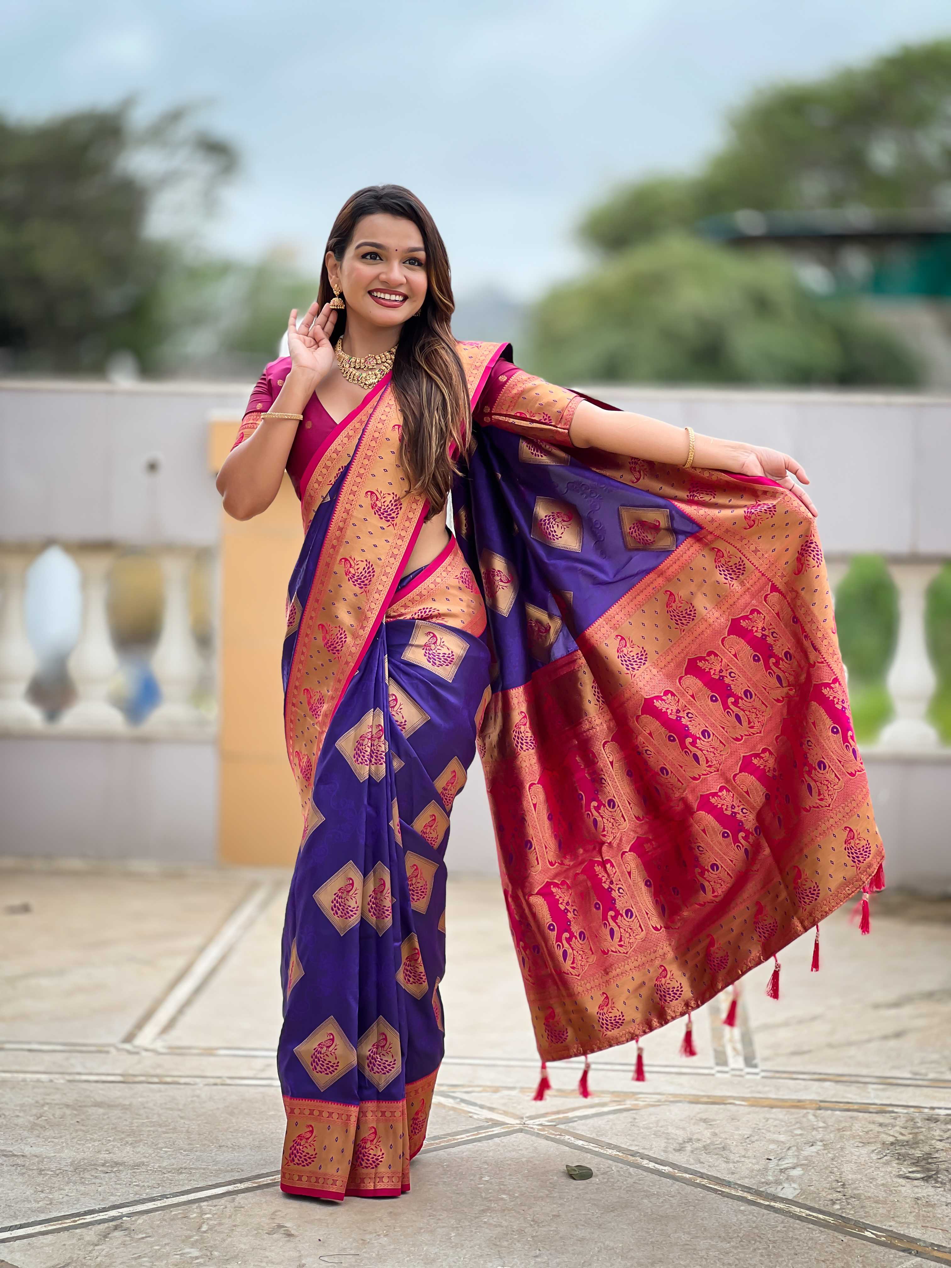 Violet Soft Banarasi silk saree with zari weaving Meenakari design all over the saree & contrast weawing Rich pallu with contrast weawing border & tessels attached at Pallu End. Blouse :- Soft silk weawing blouse piece