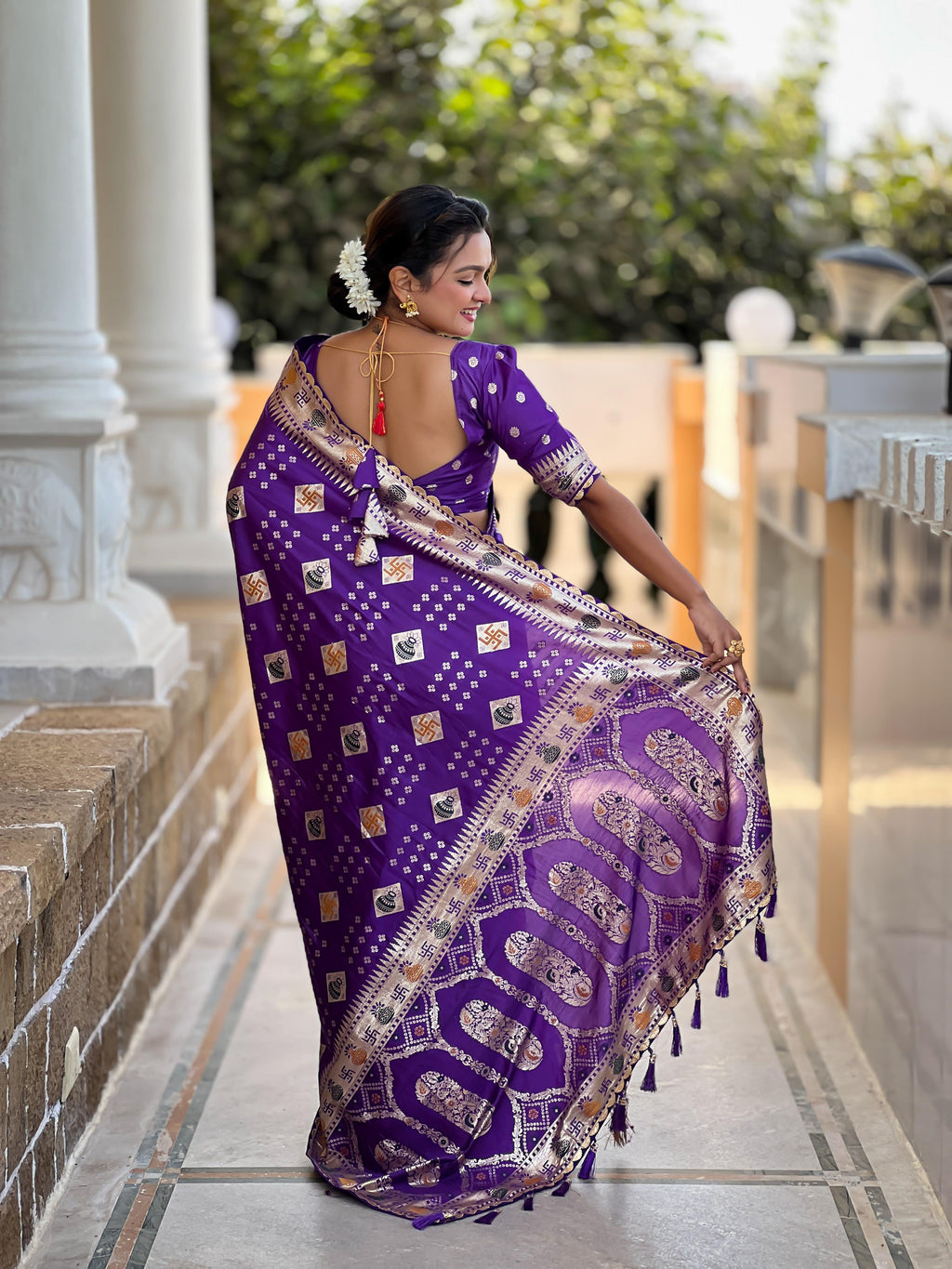 Purple Varni Fabrics Women Floral Dolla Silk Tassels and Latkans Saree comes With Matching Blouse