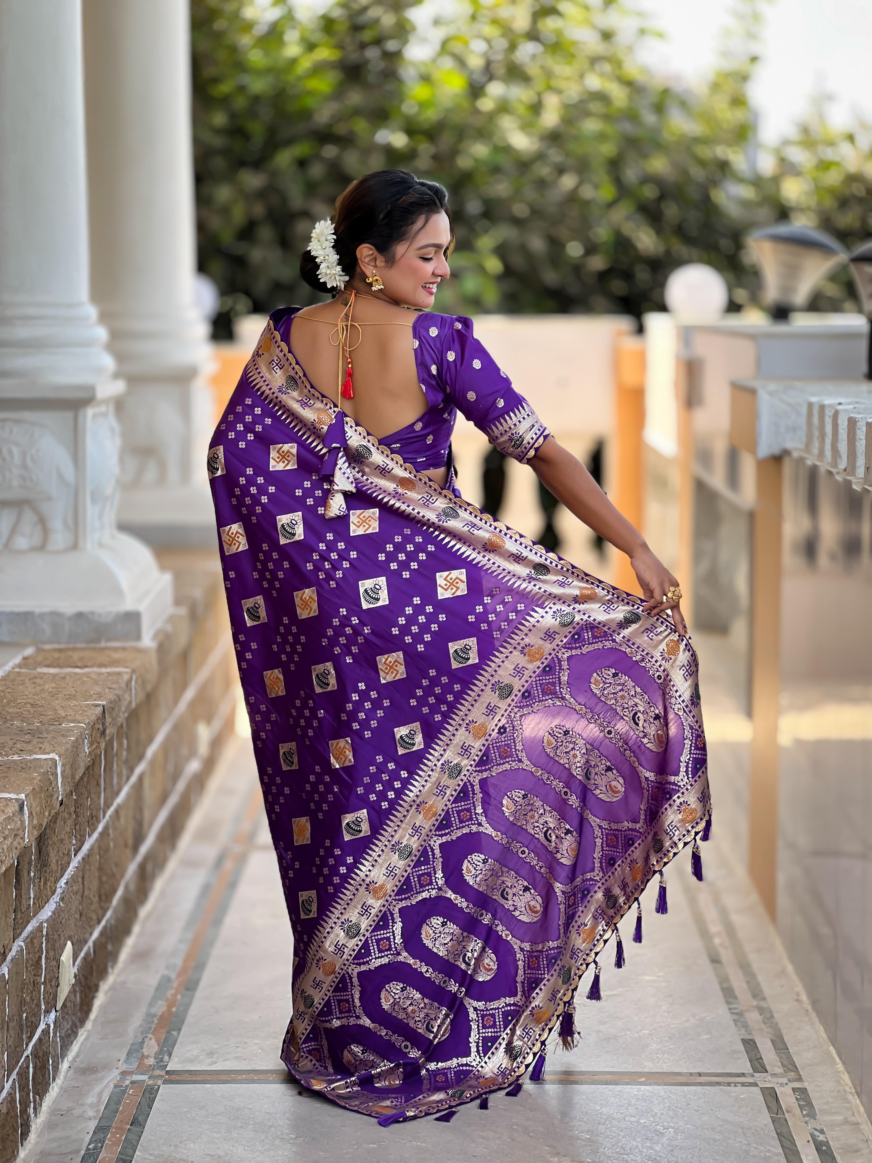 Purple Varni Fabrics Women Floral Dolla Silk Tassels and Latkans Saree comes With Matching Blouse