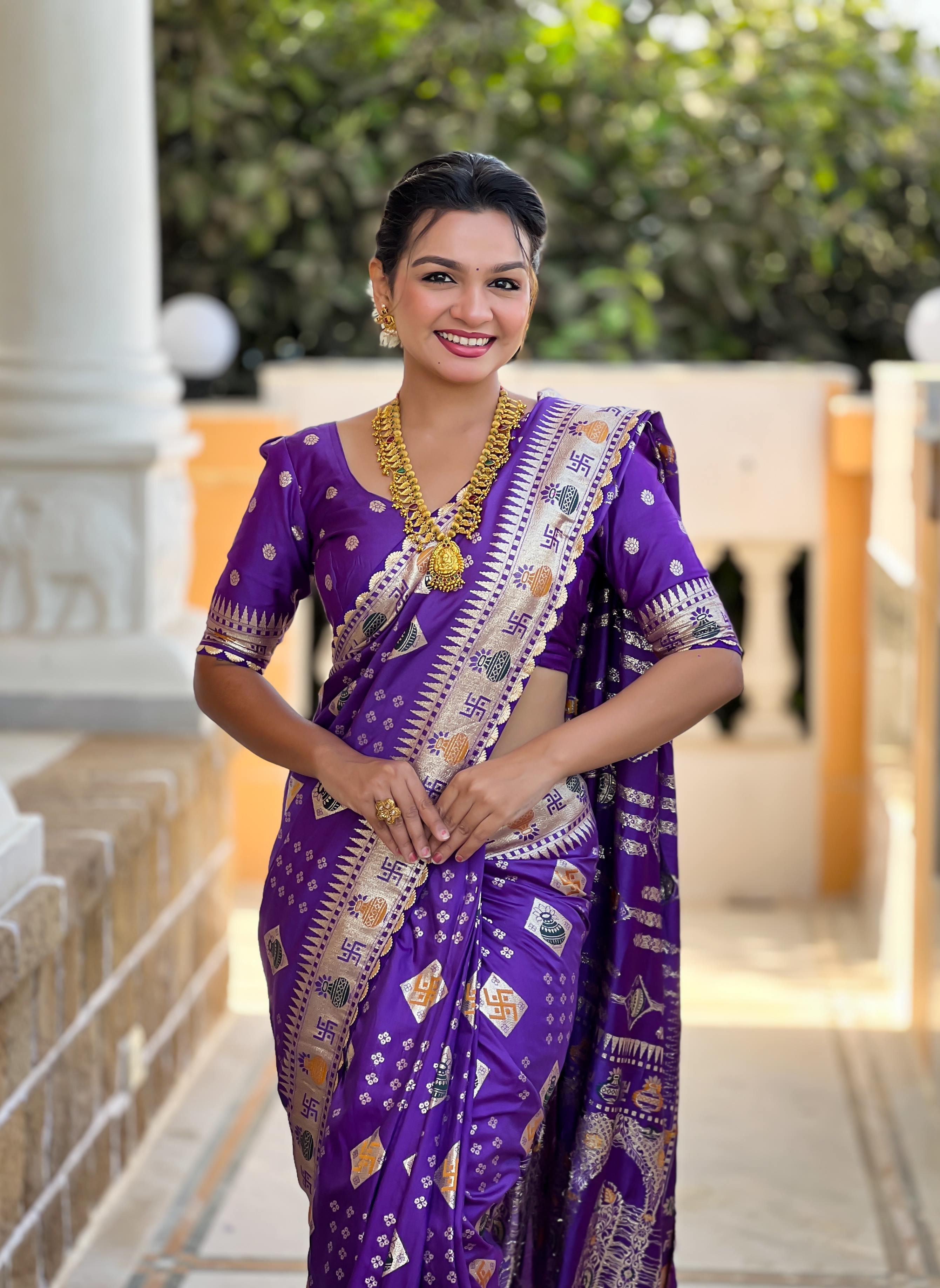 Purple Varni Fabrics Women Floral Dolla Silk Tassels and Latkans Saree comes With Matching Blouse