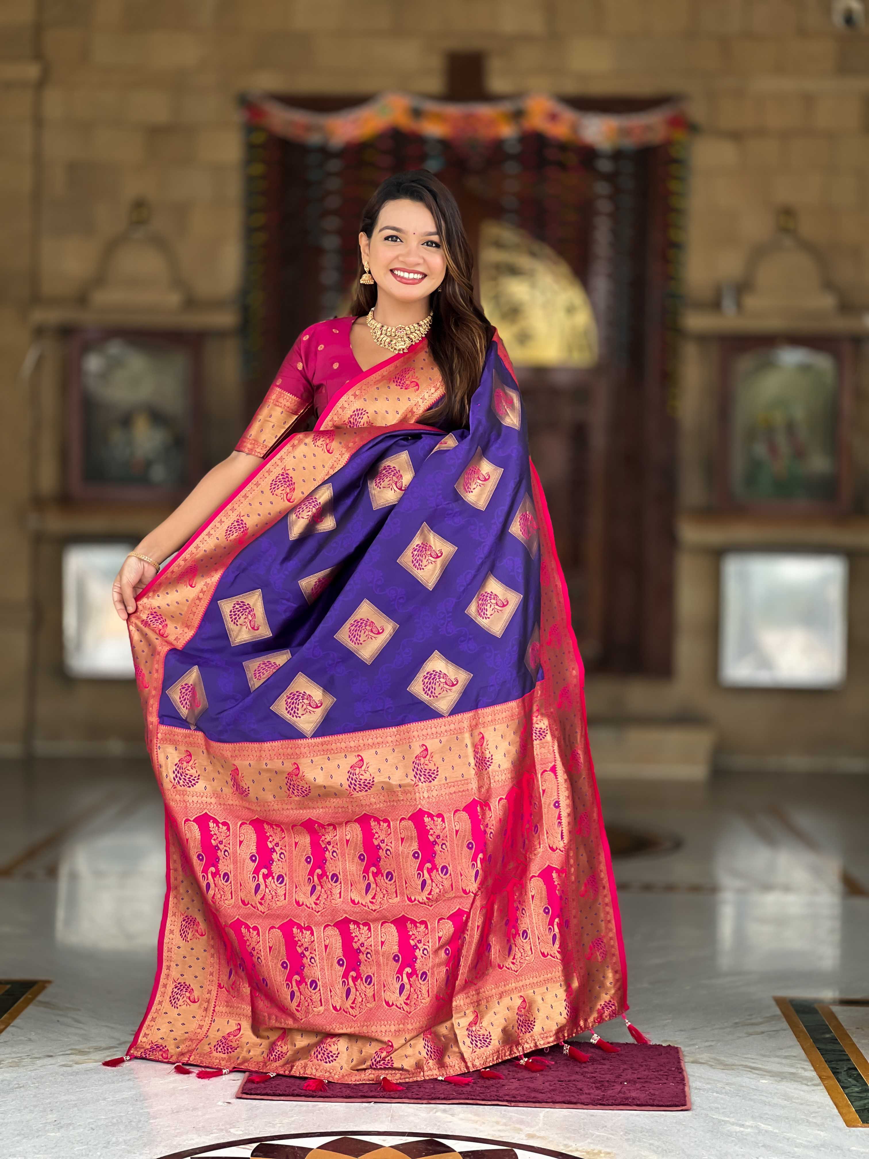 Violet Soft Banarasi silk saree with zari weaving Meenakari design all over the saree & contrast weawing Rich pallu with contrast weawing border & tessels attached at Pallu End. Blouse :- Soft silk weawing blouse piece