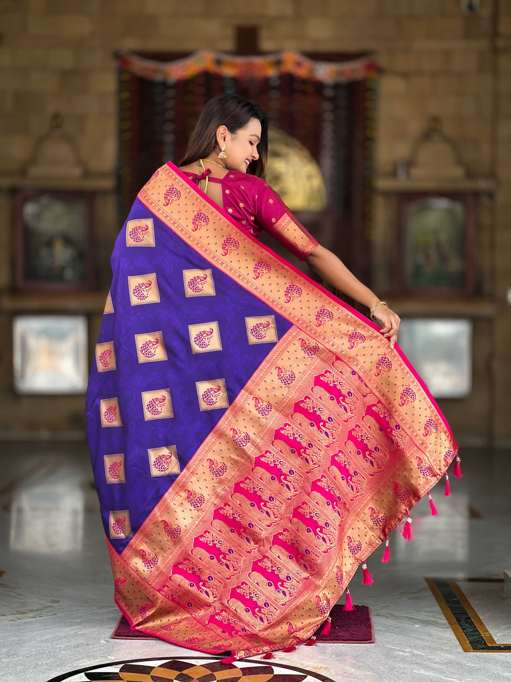 Violet Soft Banarasi silk saree with zari weaving Meenakari design all over the saree & contrast weawing Rich pallu with contrast weawing border & tessels attached at Pallu End. Blouse :- Soft silk weawing blouse piece