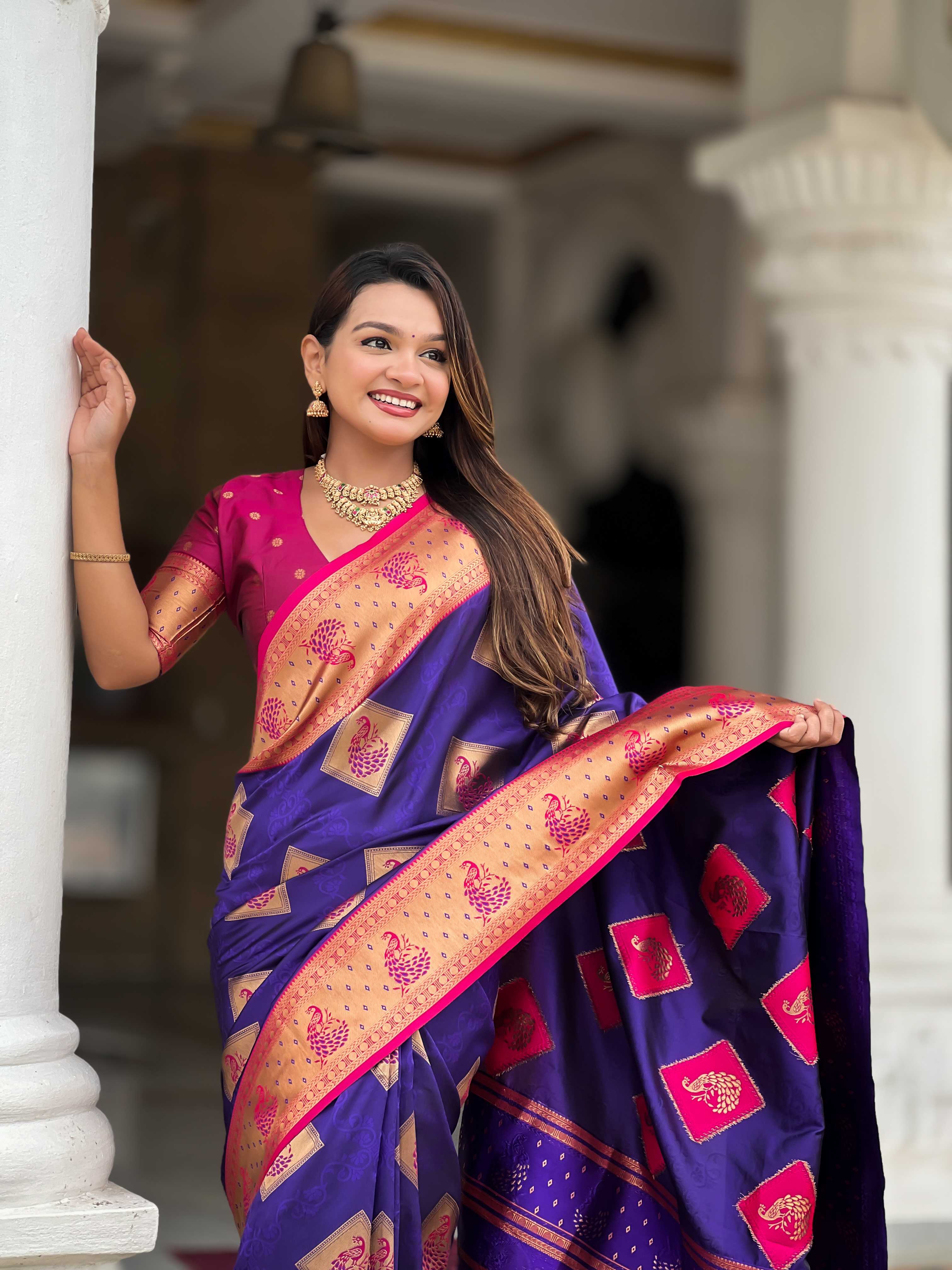 Violet Soft Banarasi silk saree with zari weaving Meenakari design all over the saree & contrast weawing Rich pallu with contrast weawing border & tessels attached at Pallu End. Blouse :- Soft silk weawing blouse piece