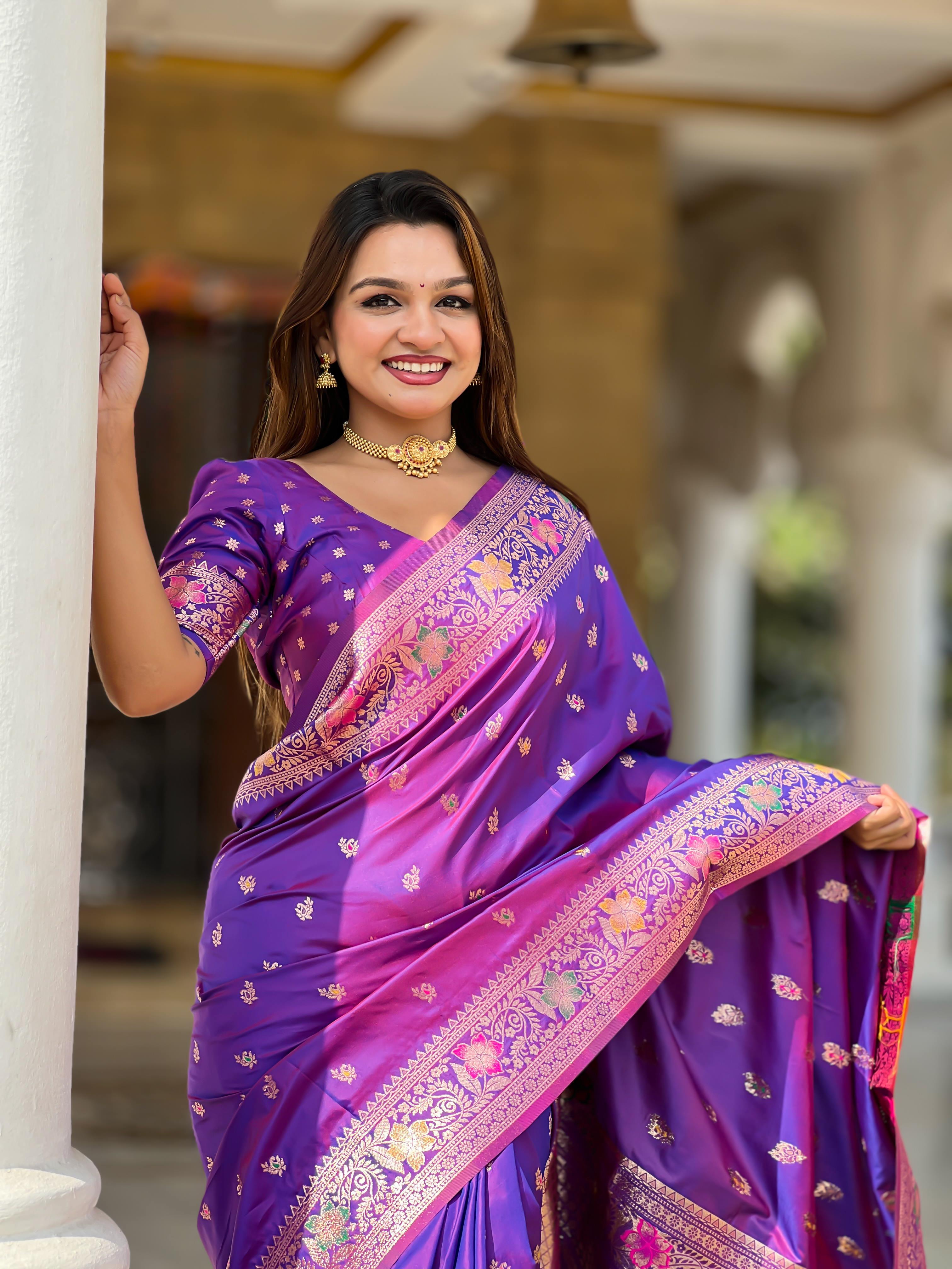 Violet Varni Fabrics Women Paisley Banarasi Silk Embellished Saree comes With Matching Blouse