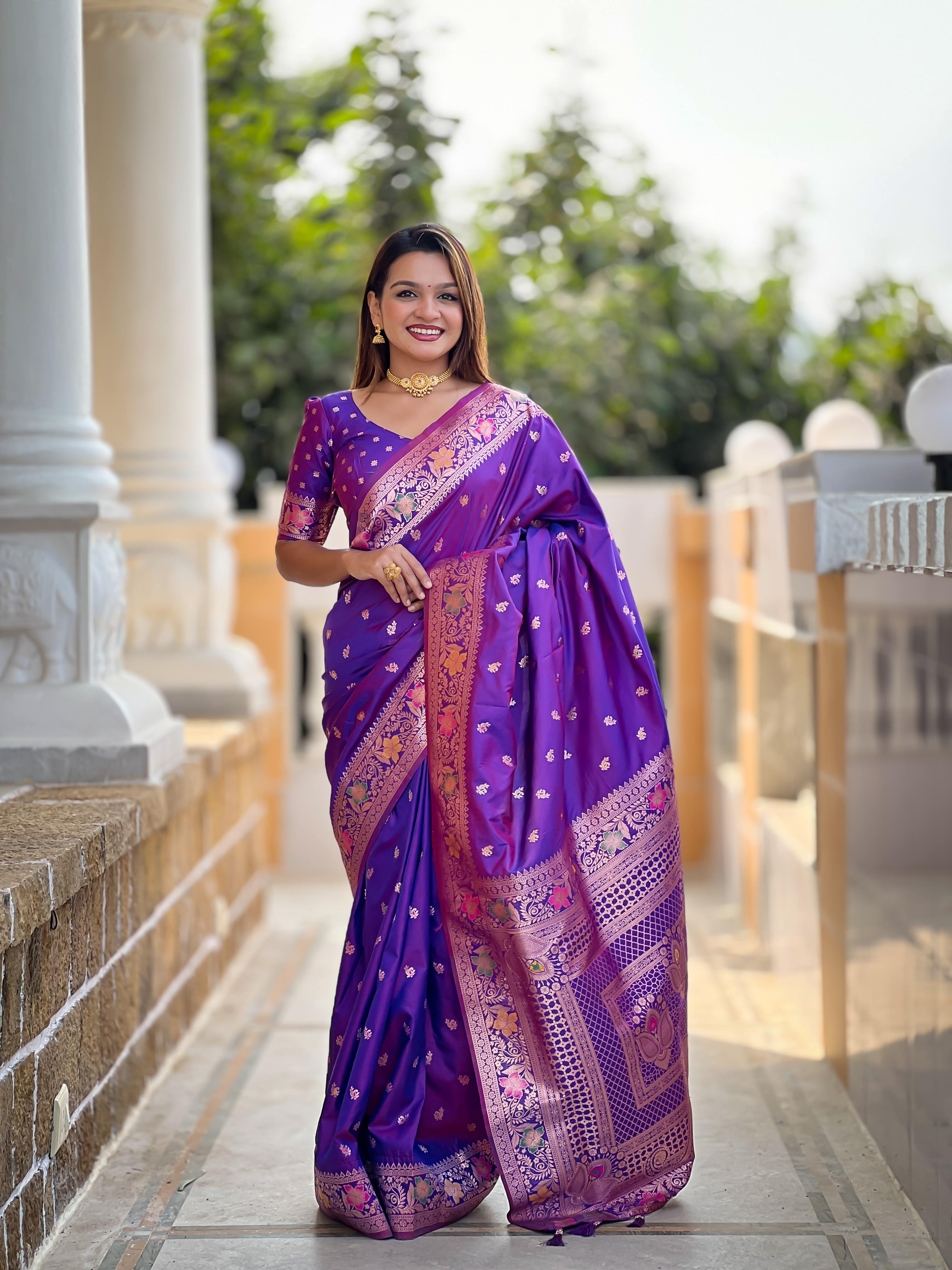Violet Varni Fabrics Women Paisley Banarasi Silk Embellished Saree comes With Matching Blouse