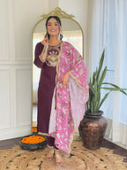Women's Wine  Viscose Rayon Kurta Set, Scoop-Neck Embroidered, 3/4 Sleeve, Floral Dupatta,3 Piece