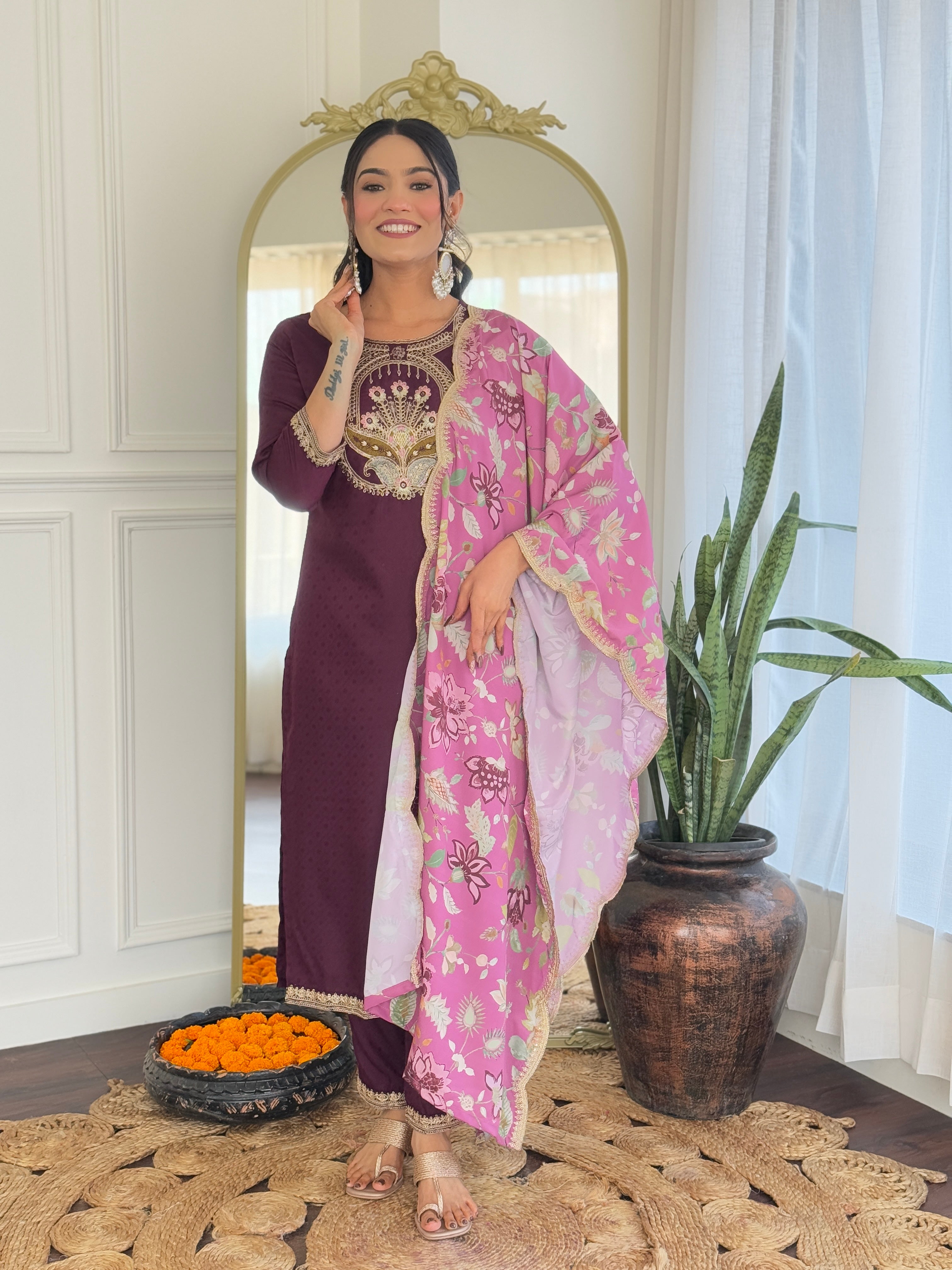 Women's Wine  Viscose Rayon Kurta Set, Scoop-Neck Embroidered, 3/4 Sleeve, Floral Dupatta,3 Piece