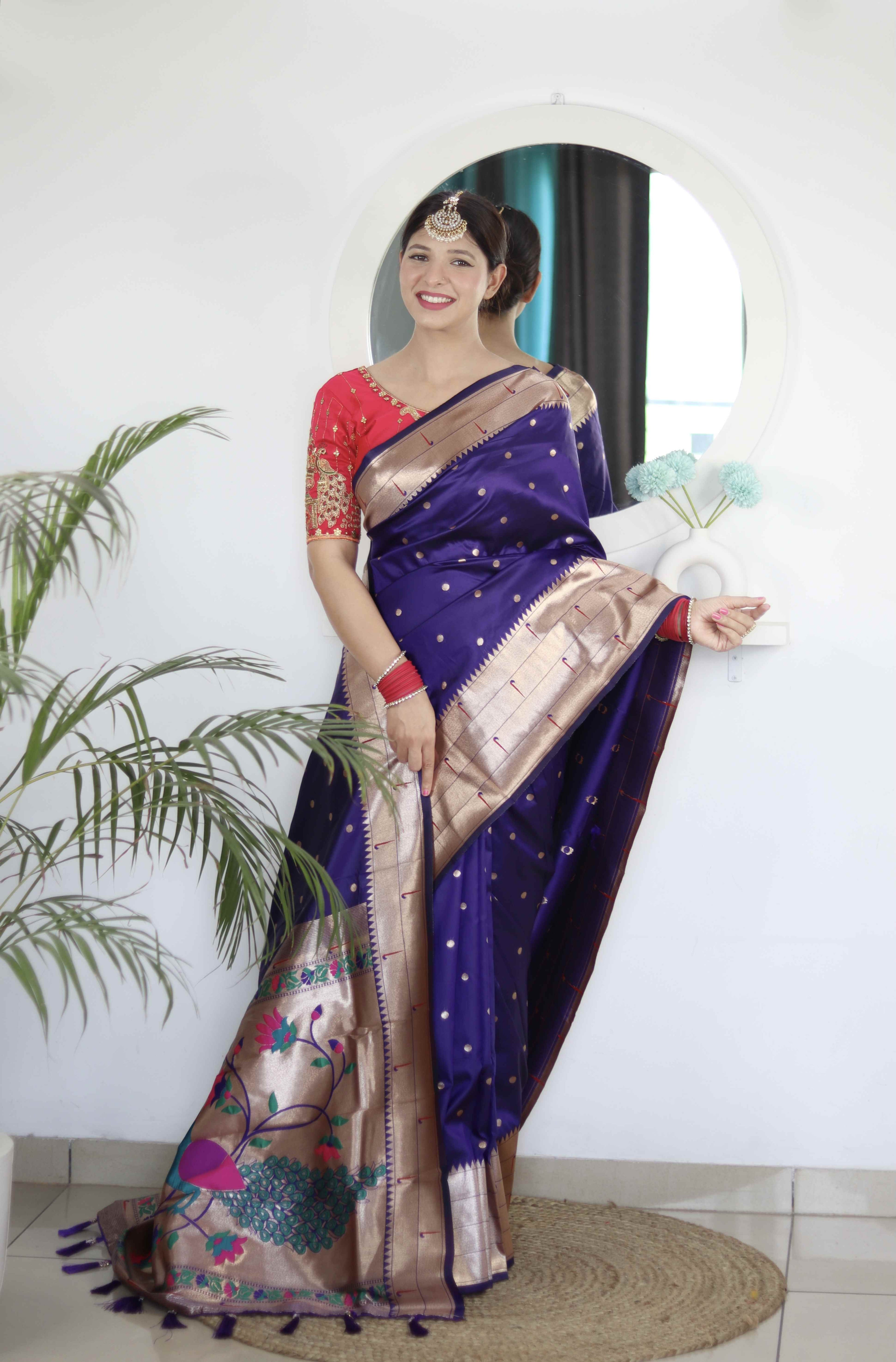 Violet Soft Paithani Silk Saree with Zari Motifs, Meenakari Rich Pallu & Contrast Blouse