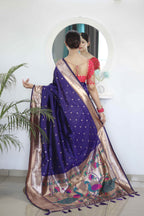 Violet Soft Paithani Silk Saree with Zari Motifs, Meenakari Rich Pallu & Contrast Blouse
