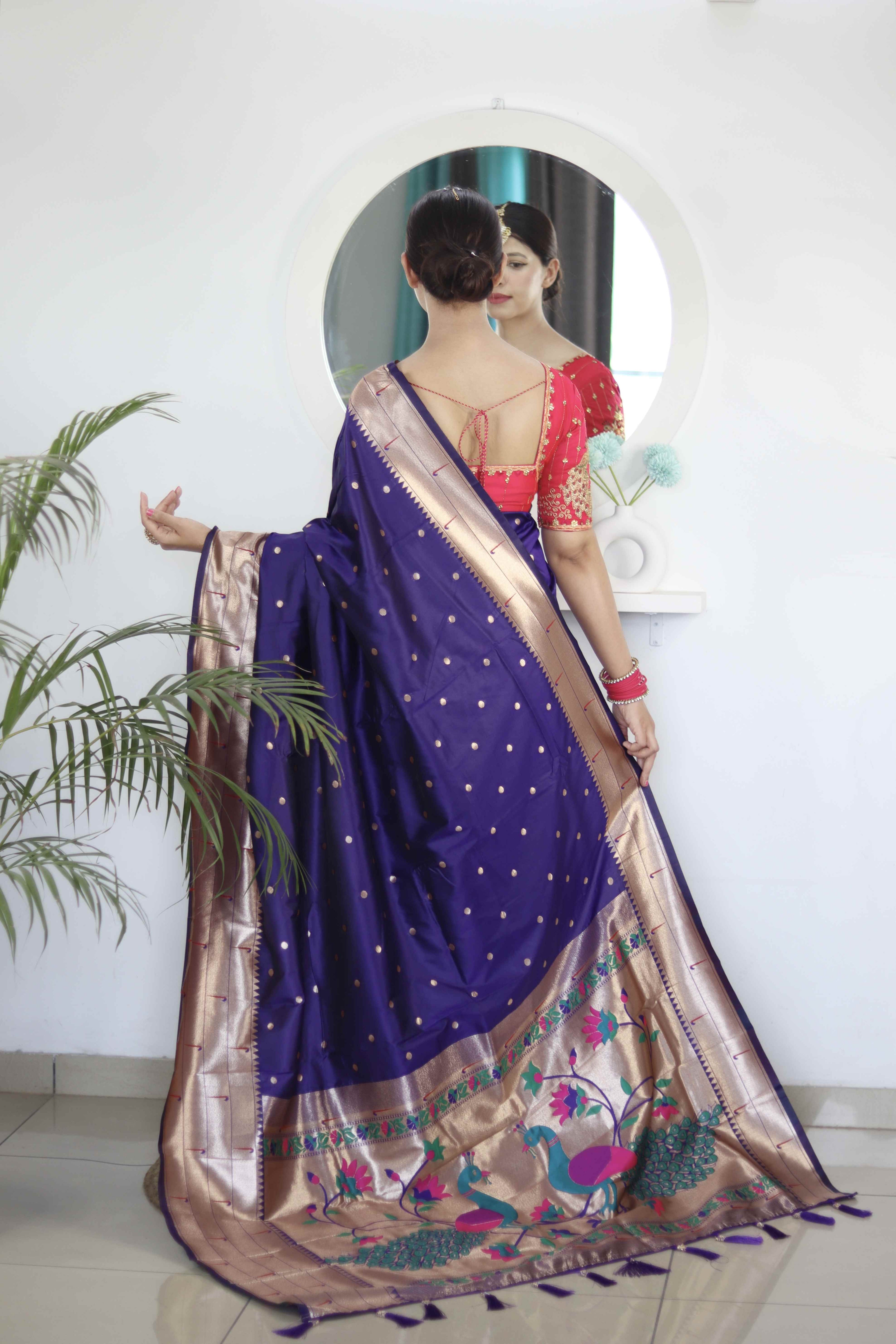 Violet Soft Paithani Silk Saree with Zari Motifs, Meenakari Rich Pallu & Contrast Blouse