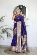 Violet Soft Paithani Silk Saree with Zari Motifs, Meenakari Rich Pallu & Contrast Blouse