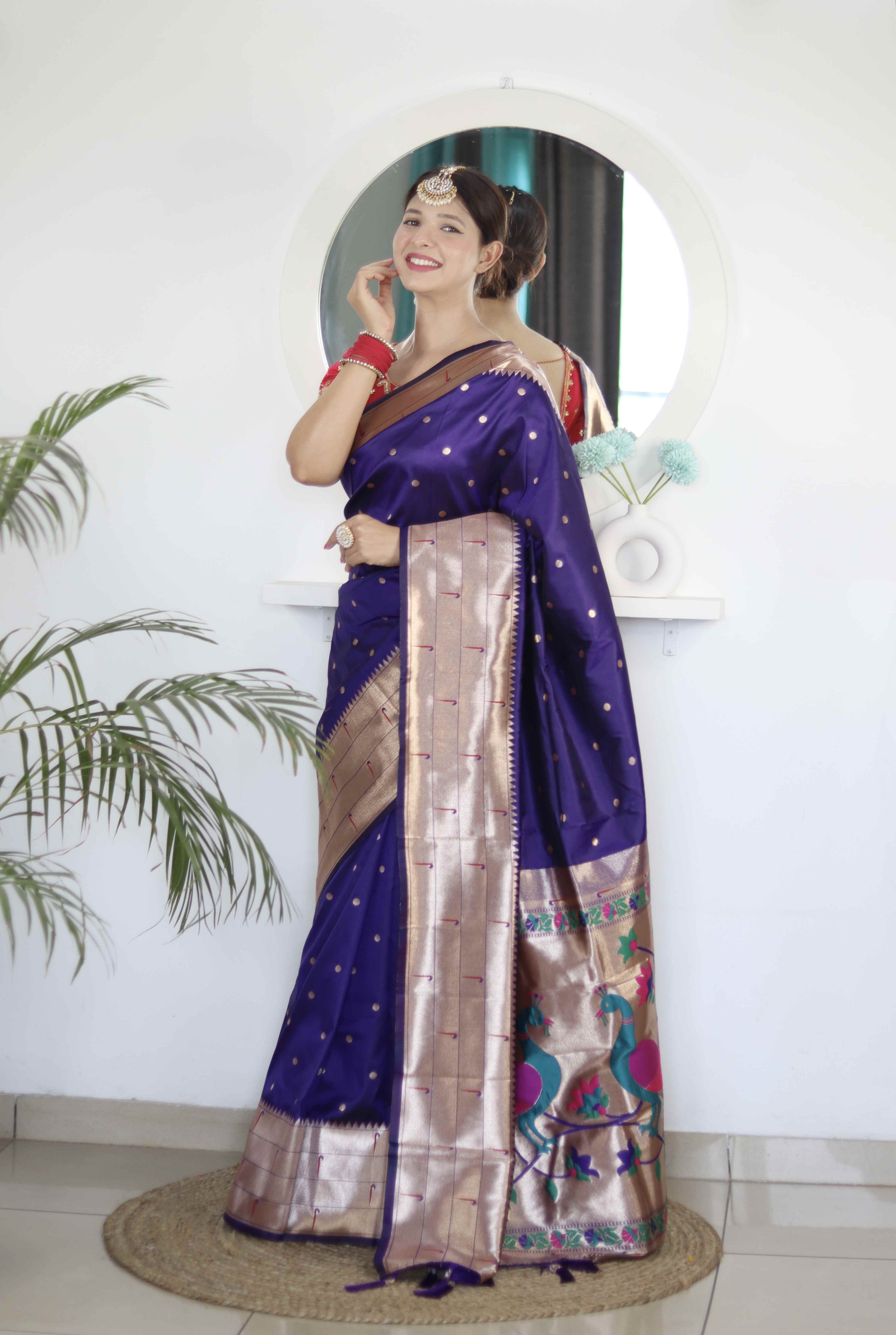Violet Soft Paithani Silk Saree with Zari Motifs, Meenakari Rich Pallu & Contrast Blouse
