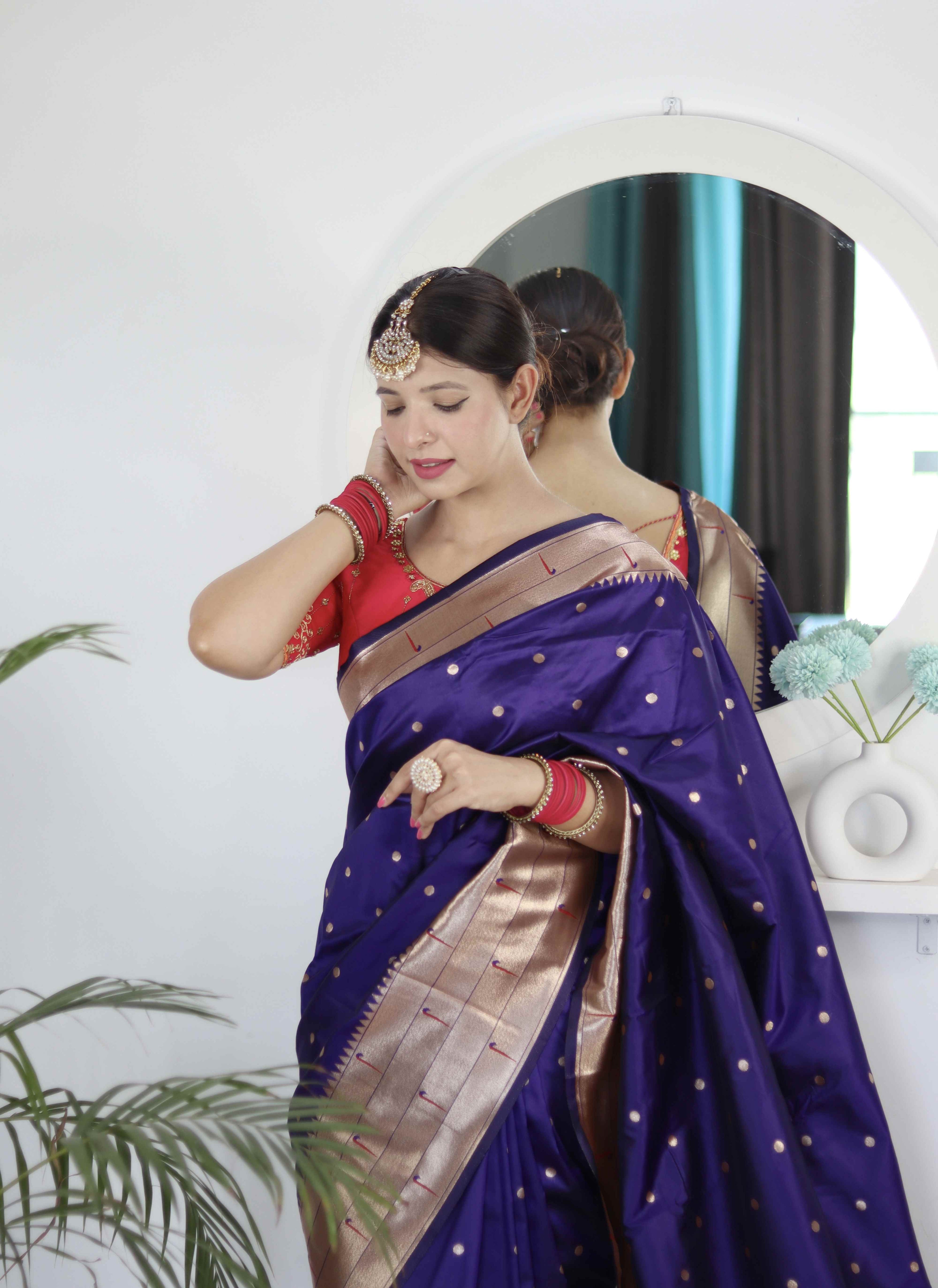 Violet Soft Paithani Silk Saree with Zari Motifs, Meenakari Rich Pallu & Contrast Blouse