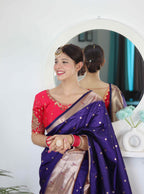 Violet Soft Paithani Silk Saree with Zari Motifs, Meenakari Rich Pallu & Contrast Blouse