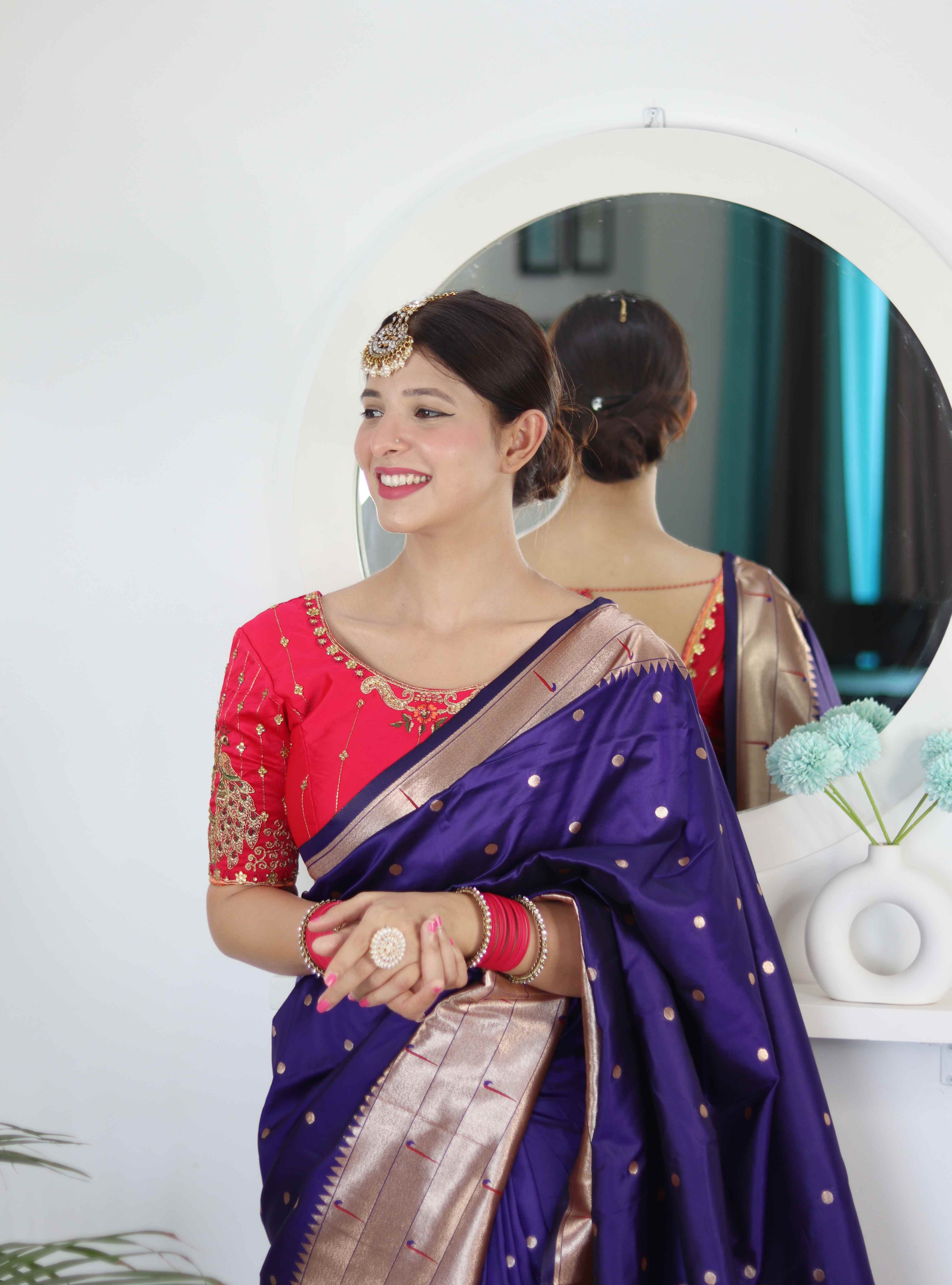 Violet Soft Paithani Silk Saree with Zari Motifs, Meenakari Rich Pallu & Contrast Blouse
