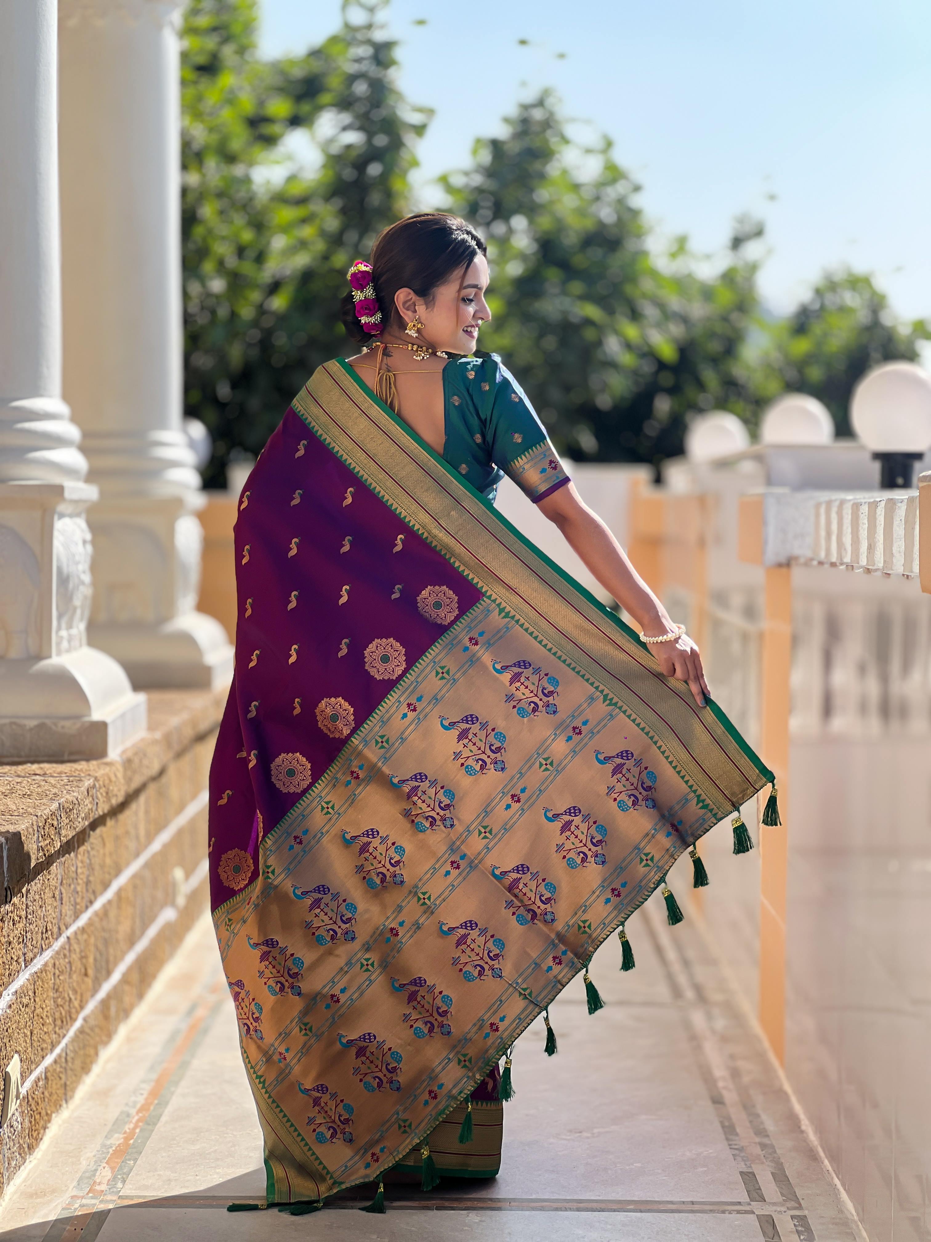 Wine Traditional Paithani Silk Saree with Tassels & Latkans – Includes Matching Blouse