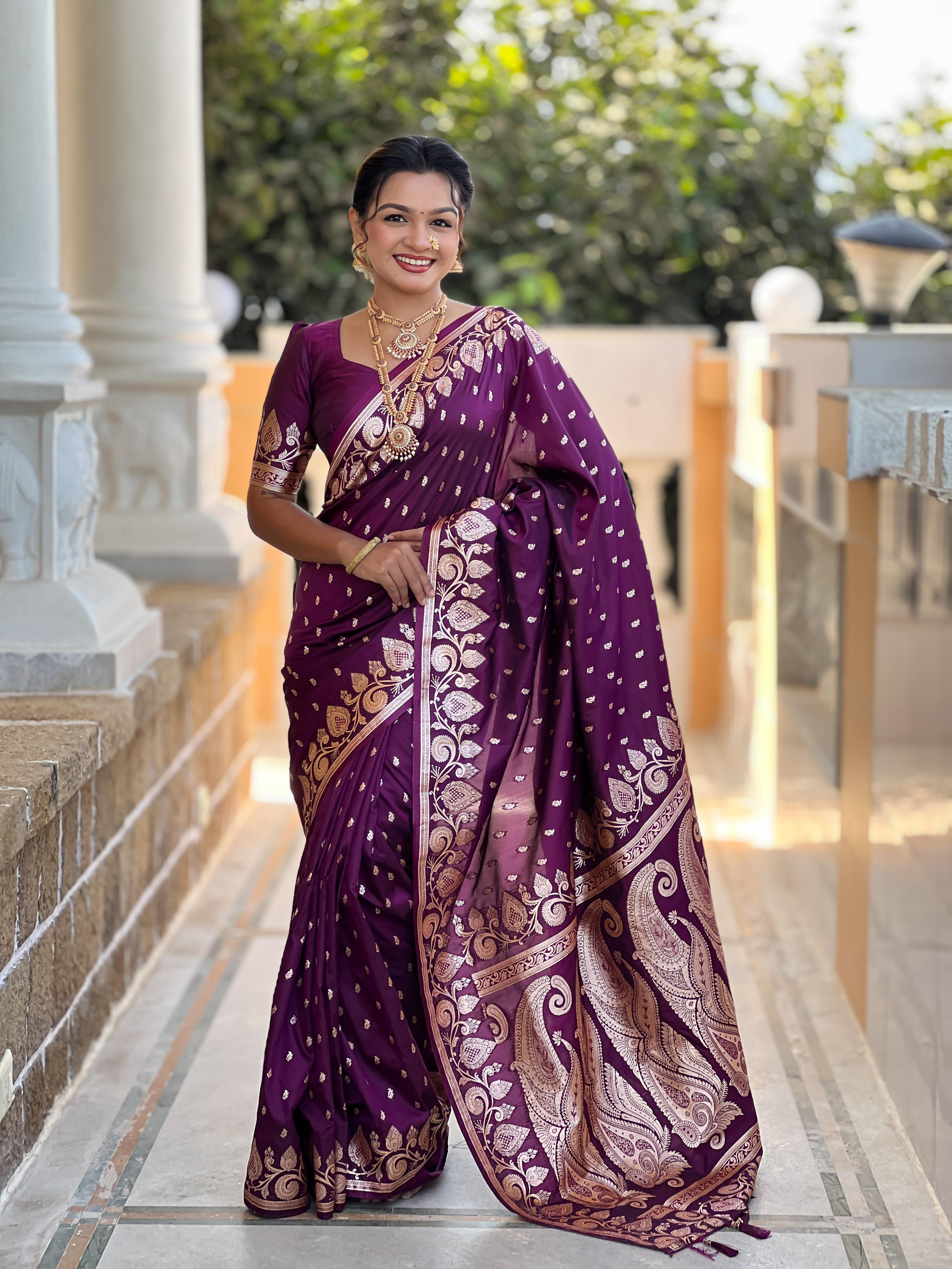 Wine Varni Fabrics Women Anjir Geometric Banarasi Silk Tassels and Latkans Saree comes With Matching Blouse