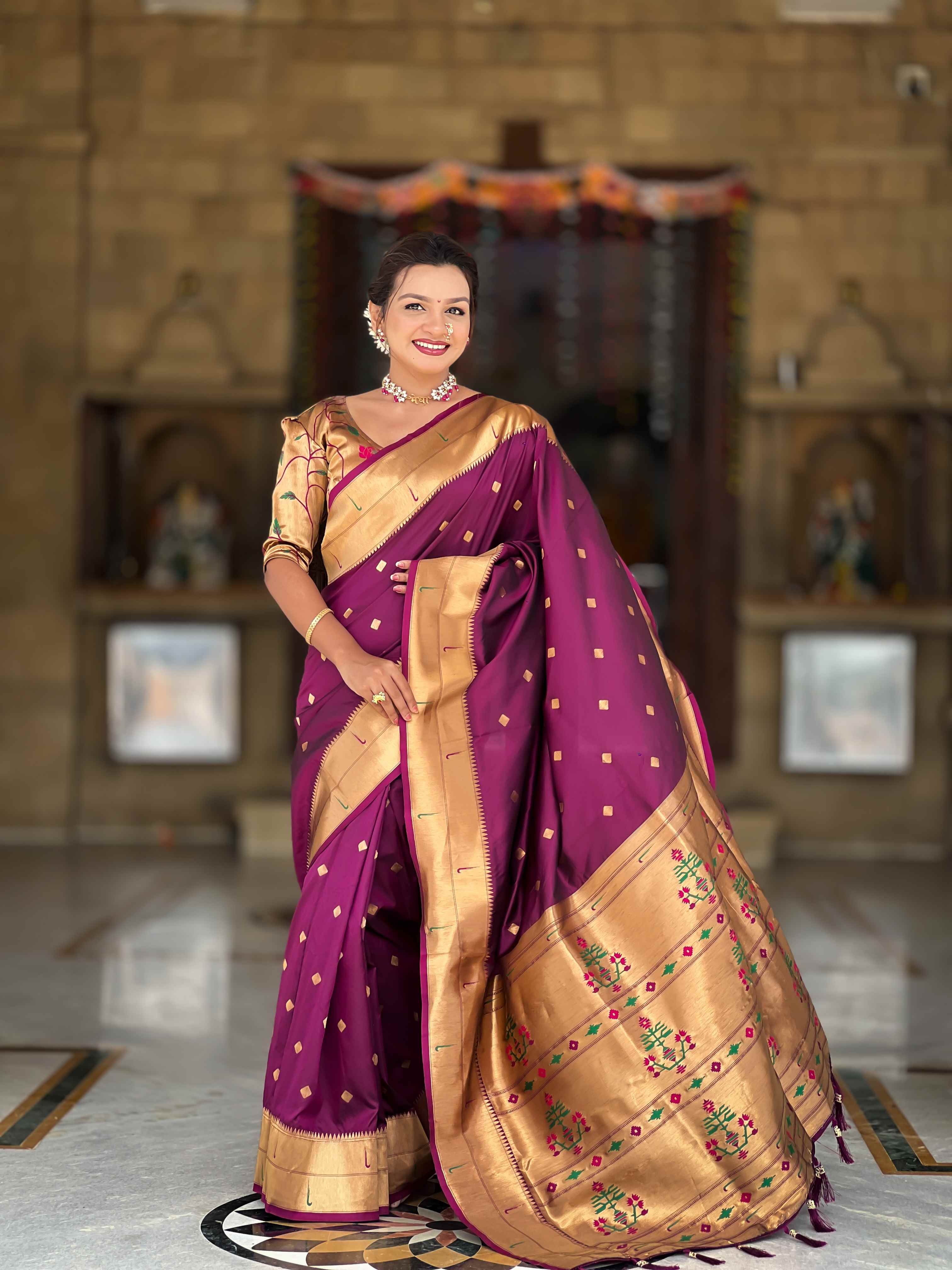Wine Paithani Silk Saree with Zari Weaving, Meenakari Pallu & Double Munia Border