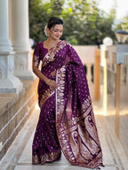 Wine Varni Fabrics Women Anjir Geometric Banarasi Silk Tassels and Latkans Saree comes With Matching Blouse