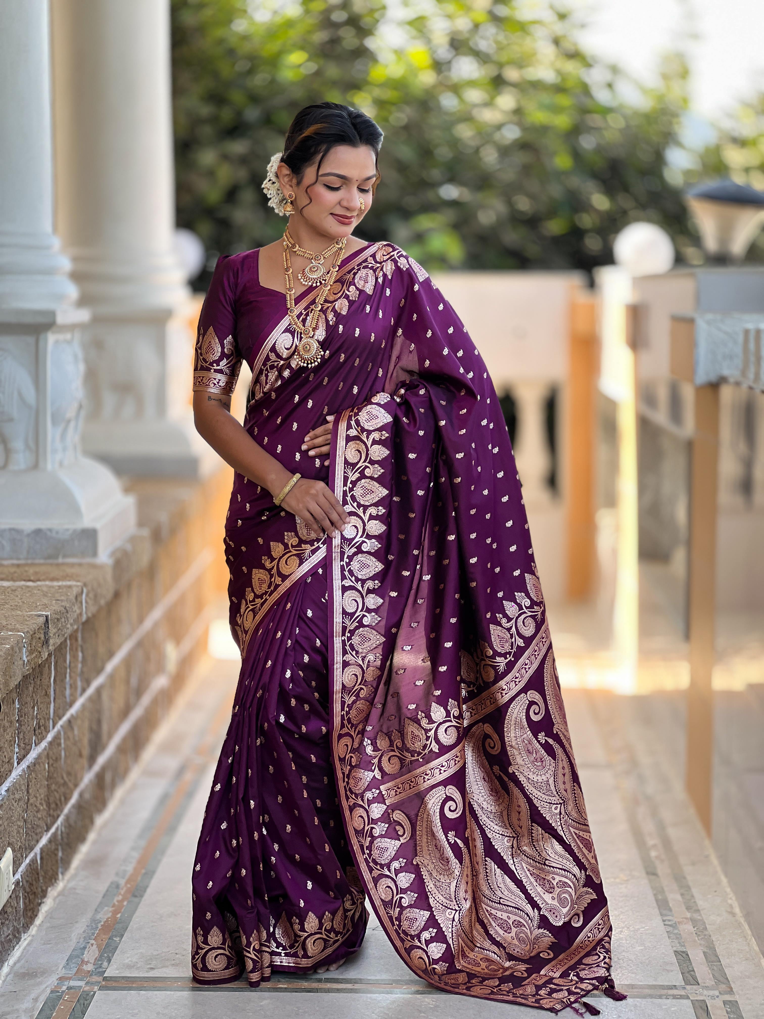 Wine Varni Fabrics Women Anjir Geometric Banarasi Silk Tassels and Latkans Saree comes With Matching Blouse