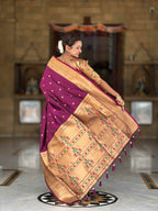 Wine Paithani Silk Saree with Zari Weaving, Meenakari Pallu & Double Munia Border