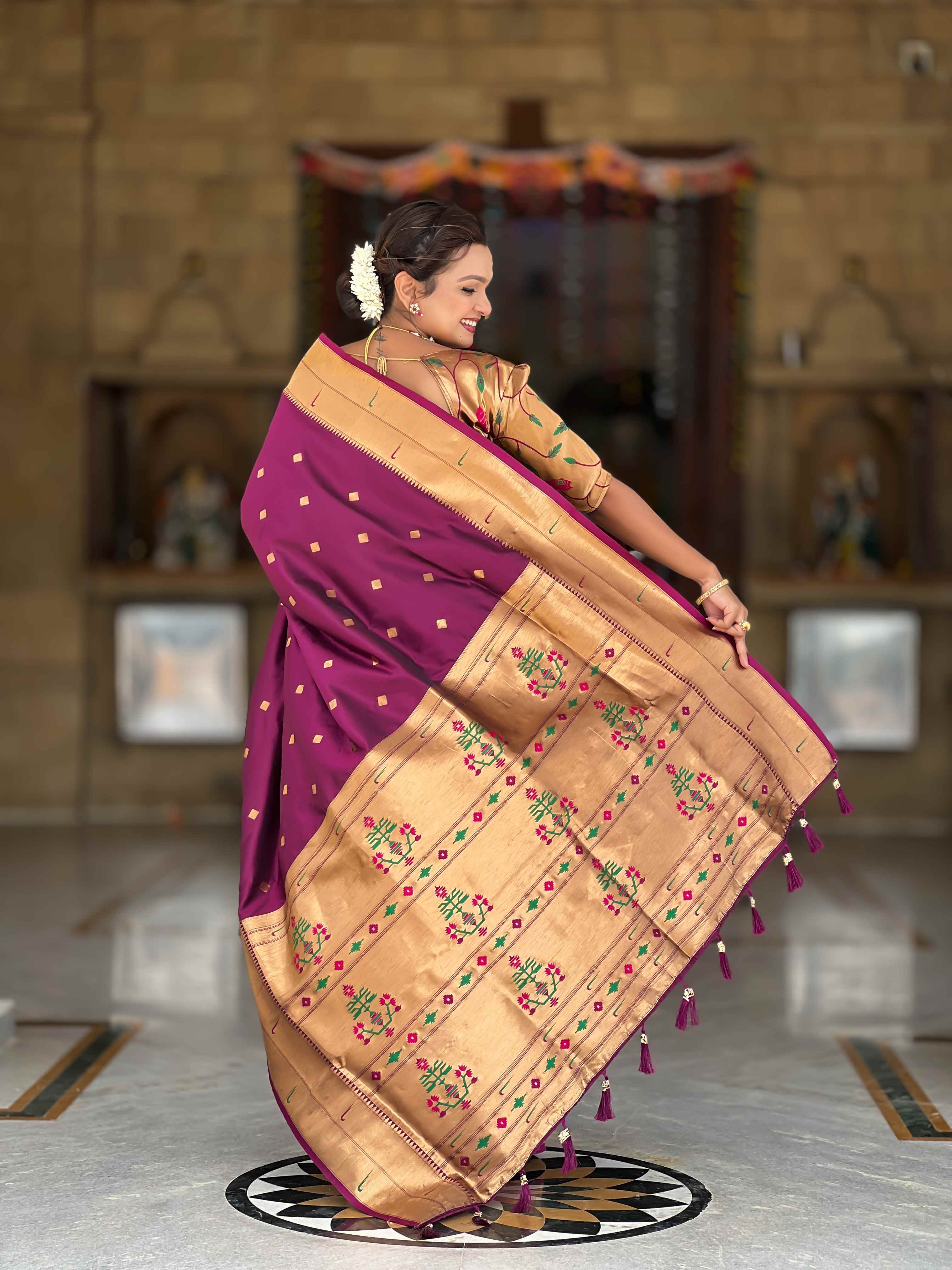 Wine Paithani Silk Saree with Zari Weaving, Meenakari Pallu & Double Munia Border