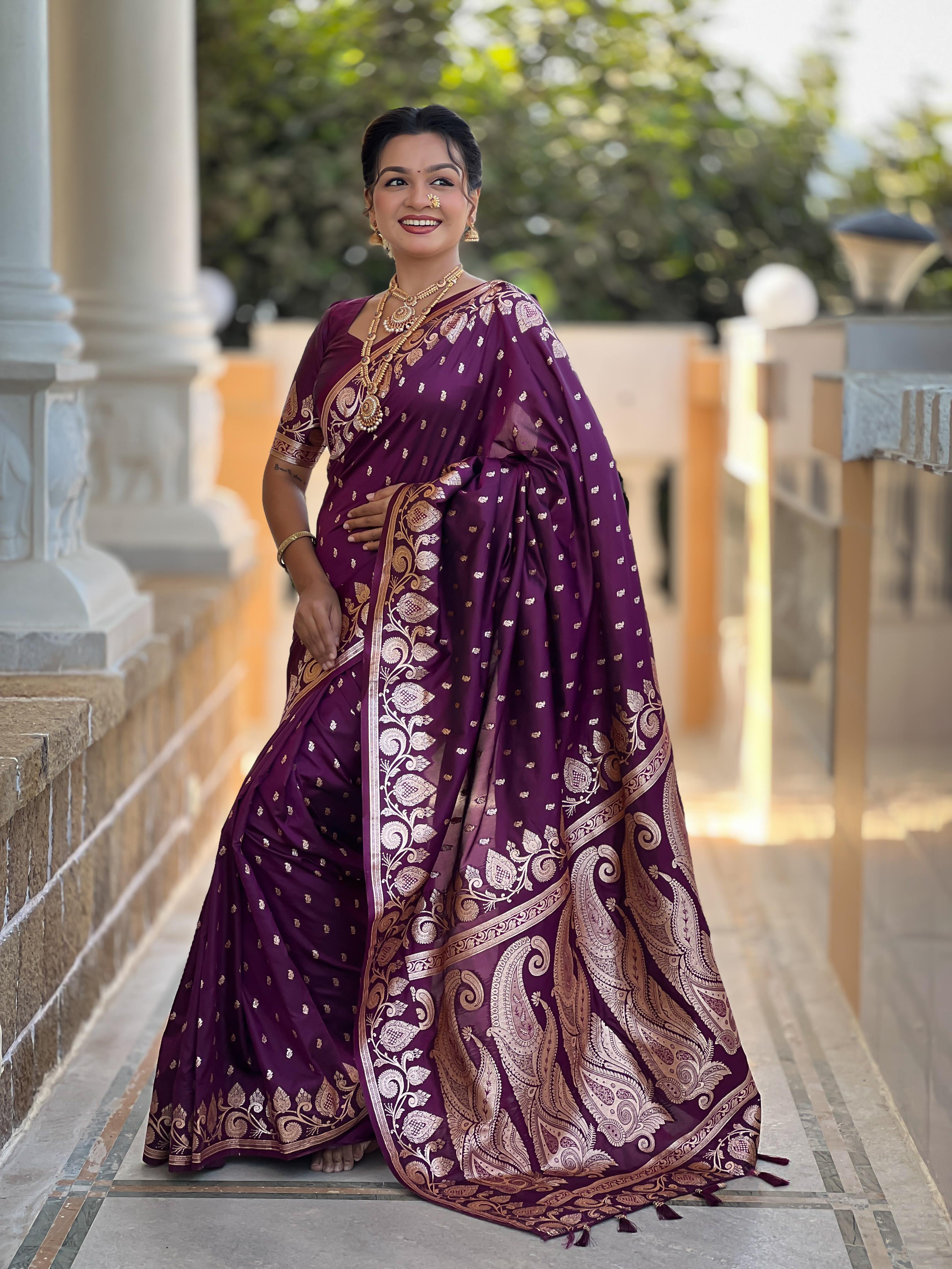 Wine Varni Fabrics Women Anjir Geometric Banarasi Silk Tassels and Latkans Saree comes With Matching Blouse