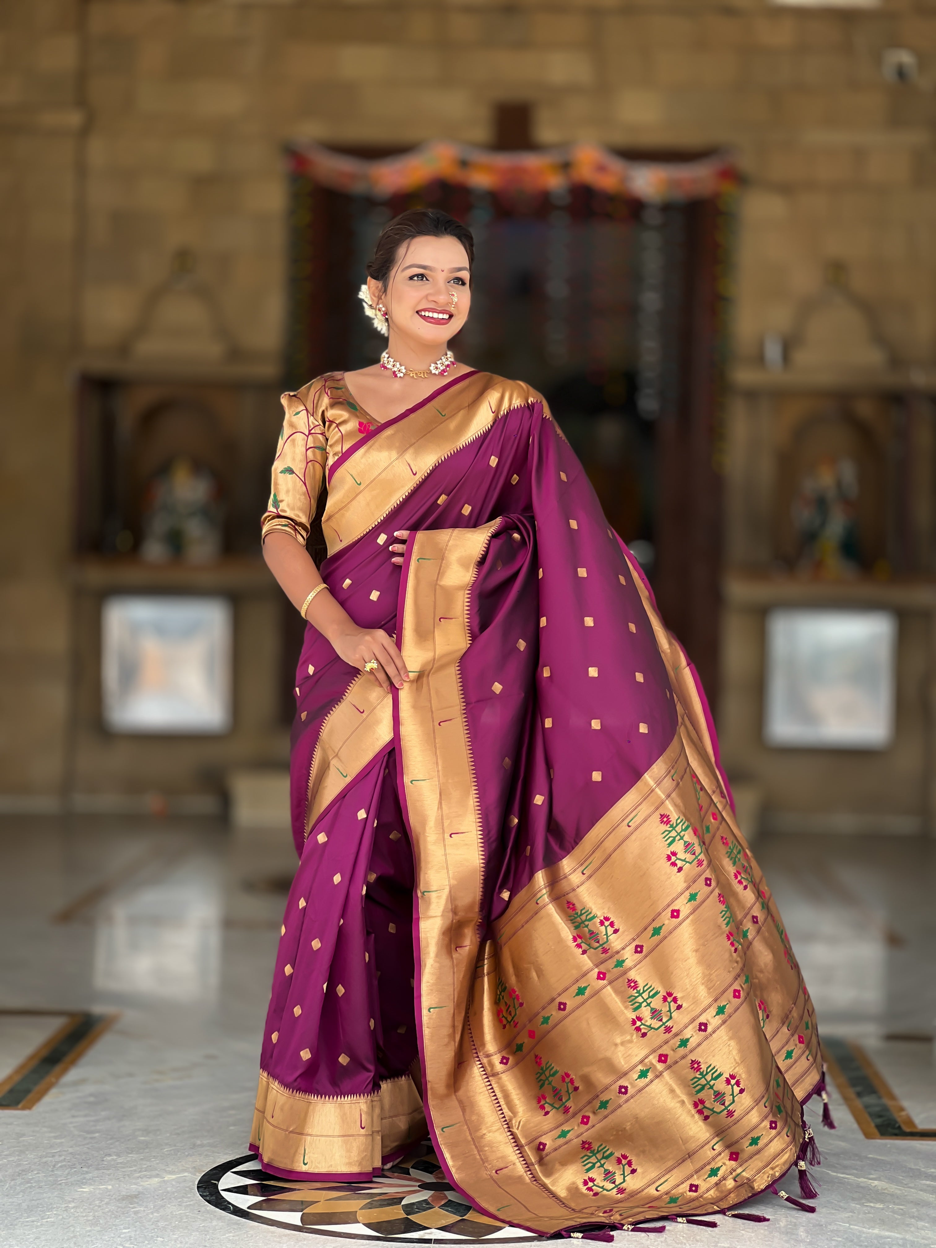 Wine Paithani Silk Saree with Zari Weaving, Meenakari Pallu & Double Munia Border
