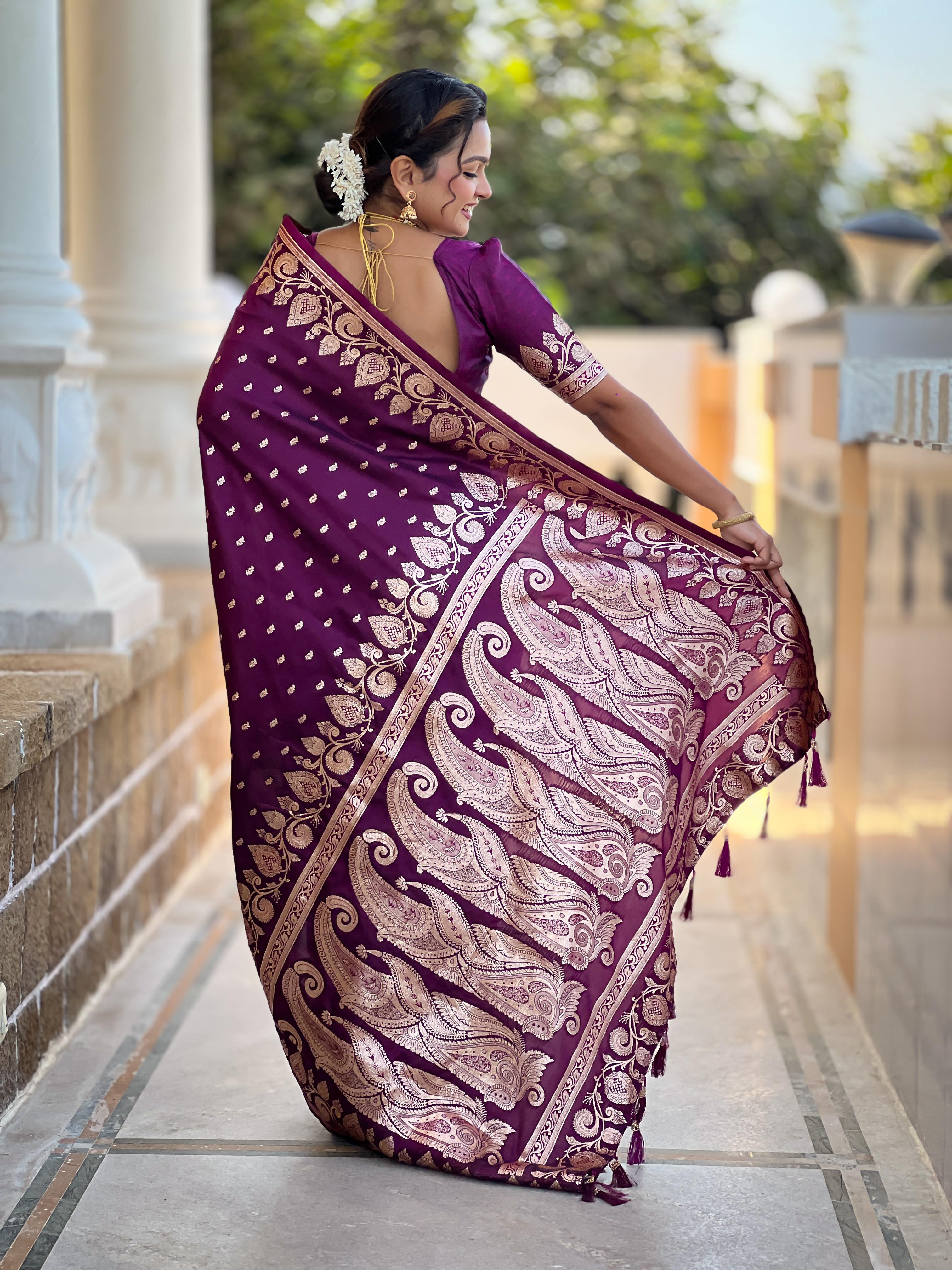 Wine Varni Fabrics Women Anjir Geometric Banarasi Silk Tassels and Latkans Saree comes With Matching Blouse