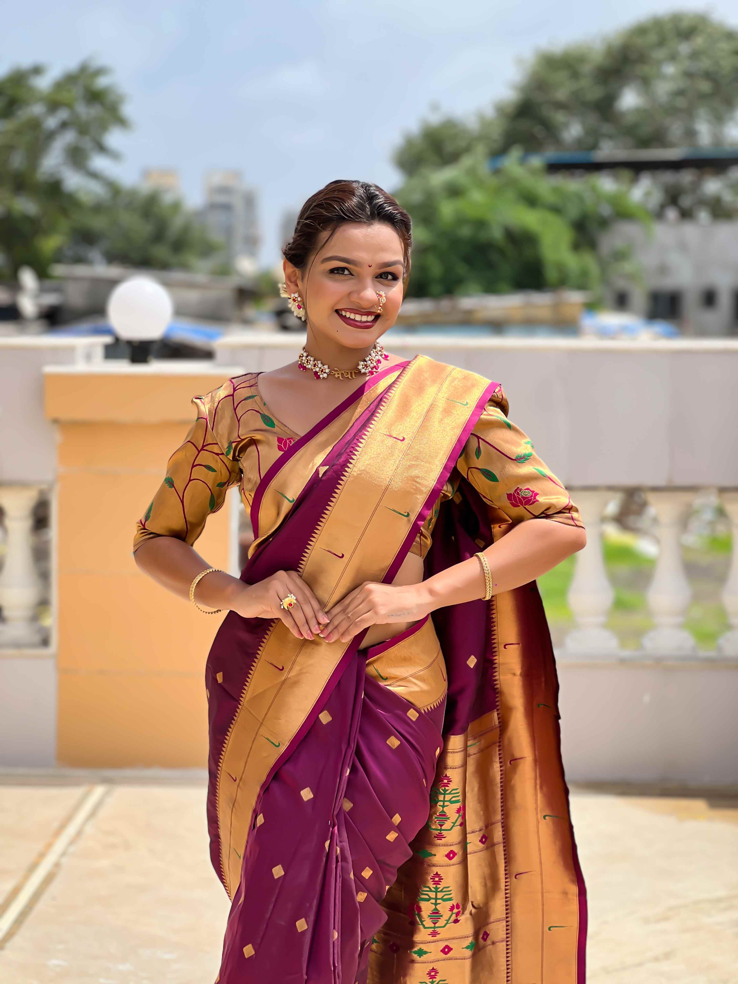 Wine Paithani Silk Saree with Zari Weaving, Meenakari Pallu & Double Munia Border