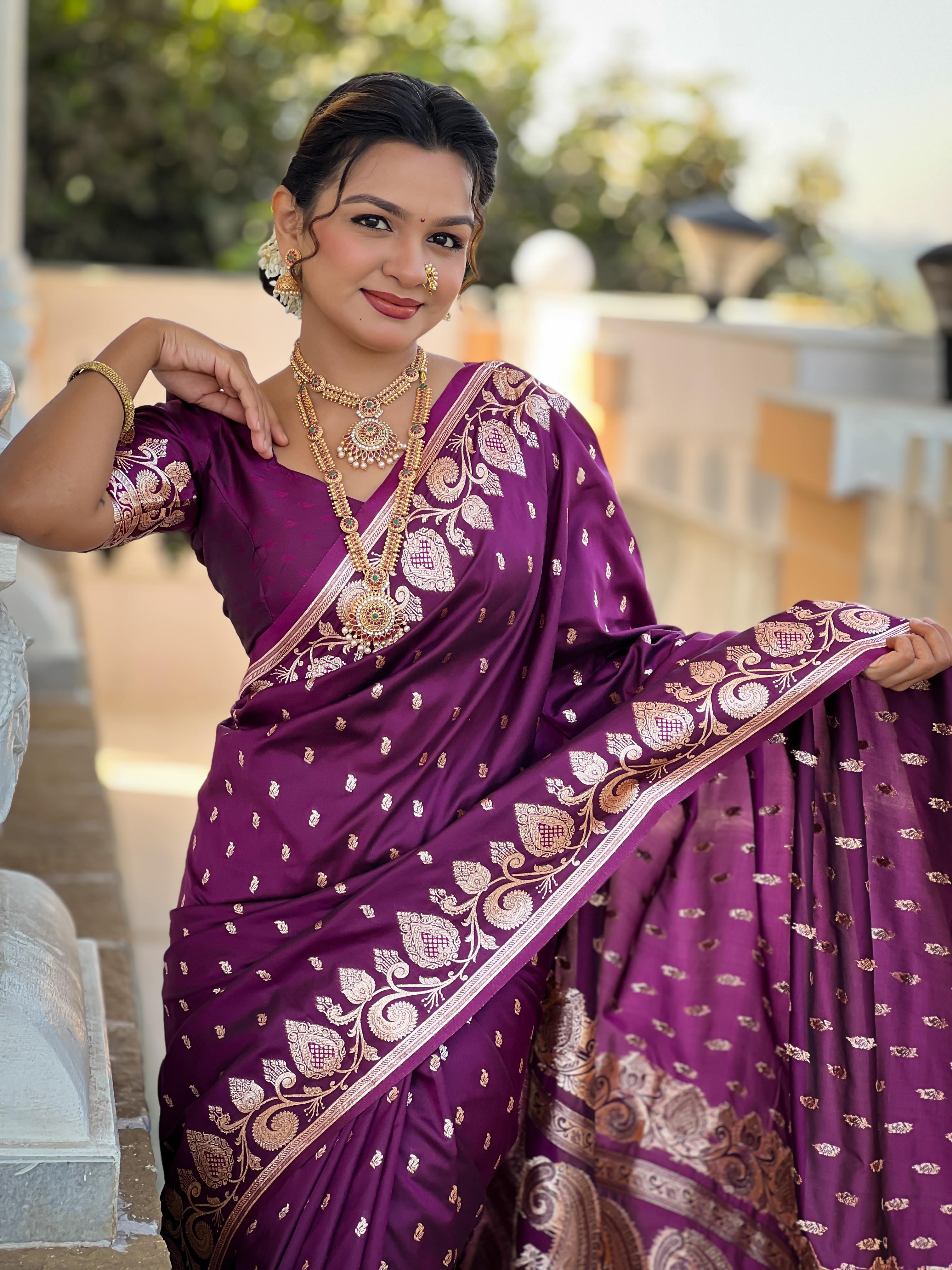 Wine Varni Fabrics Women Anjir Geometric Banarasi Silk Tassels and Latkans Saree comes With Matching Blouse