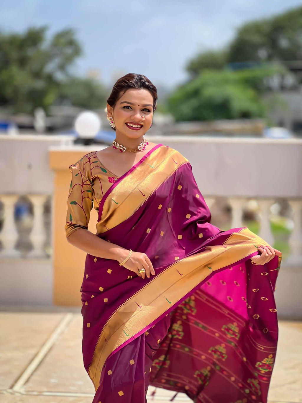 Wine Paithani Silk Saree with Zari Weaving, Meenakari Pallu & Double Munia Border
