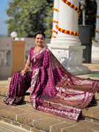 Wine Varni Fabrics Women Anjir Geometric Banarasi Silk Tassels and Latkans Saree comes With Matching Blouse
