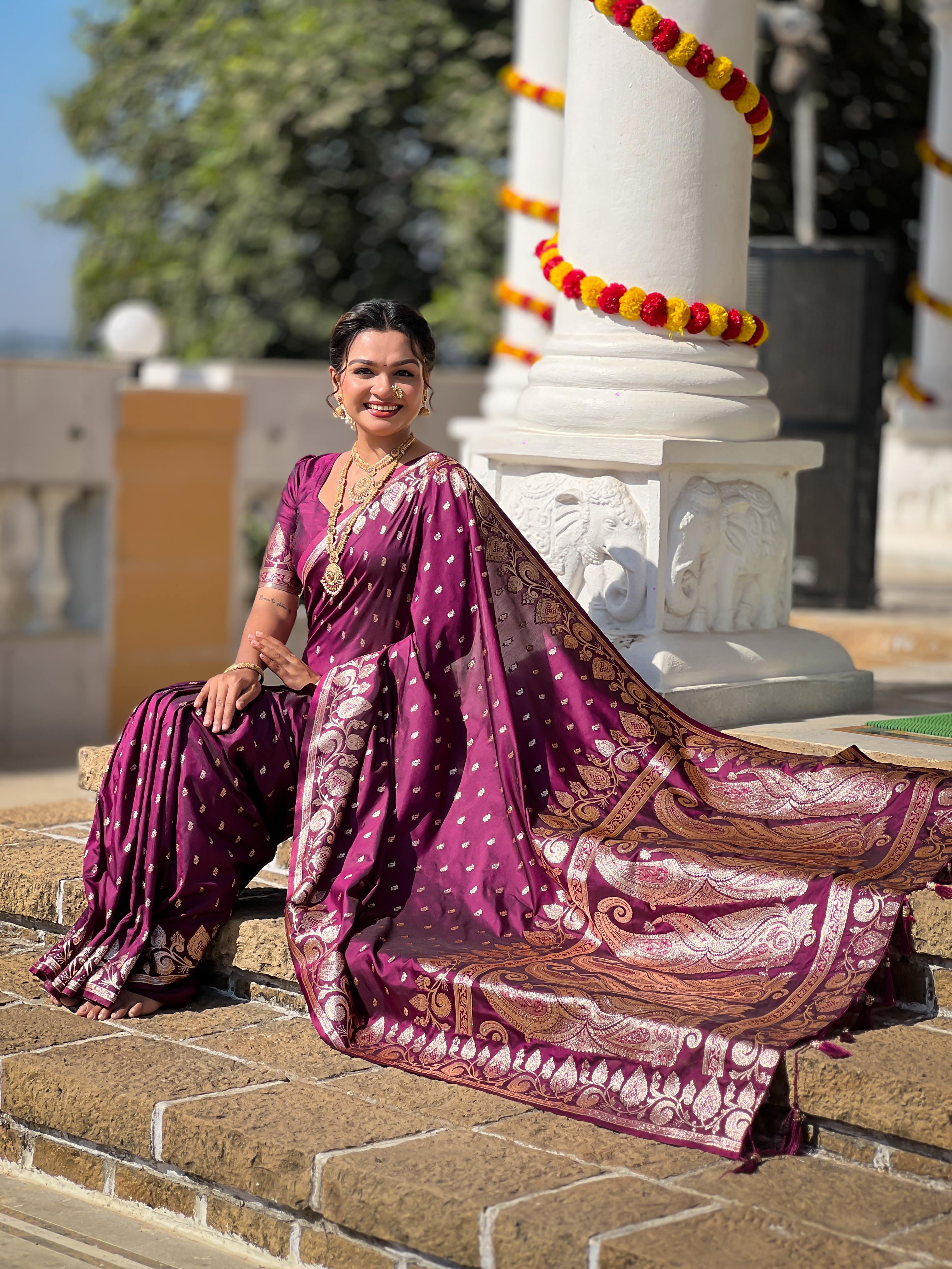 Wine Varni Fabrics Women Anjir Geometric Banarasi Silk Tassels and Latkans Saree comes With Matching Blouse