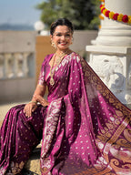 Wine Varni Fabrics Women Anjir Geometric Banarasi Silk Tassels and Latkans Saree comes With Matching Blouse