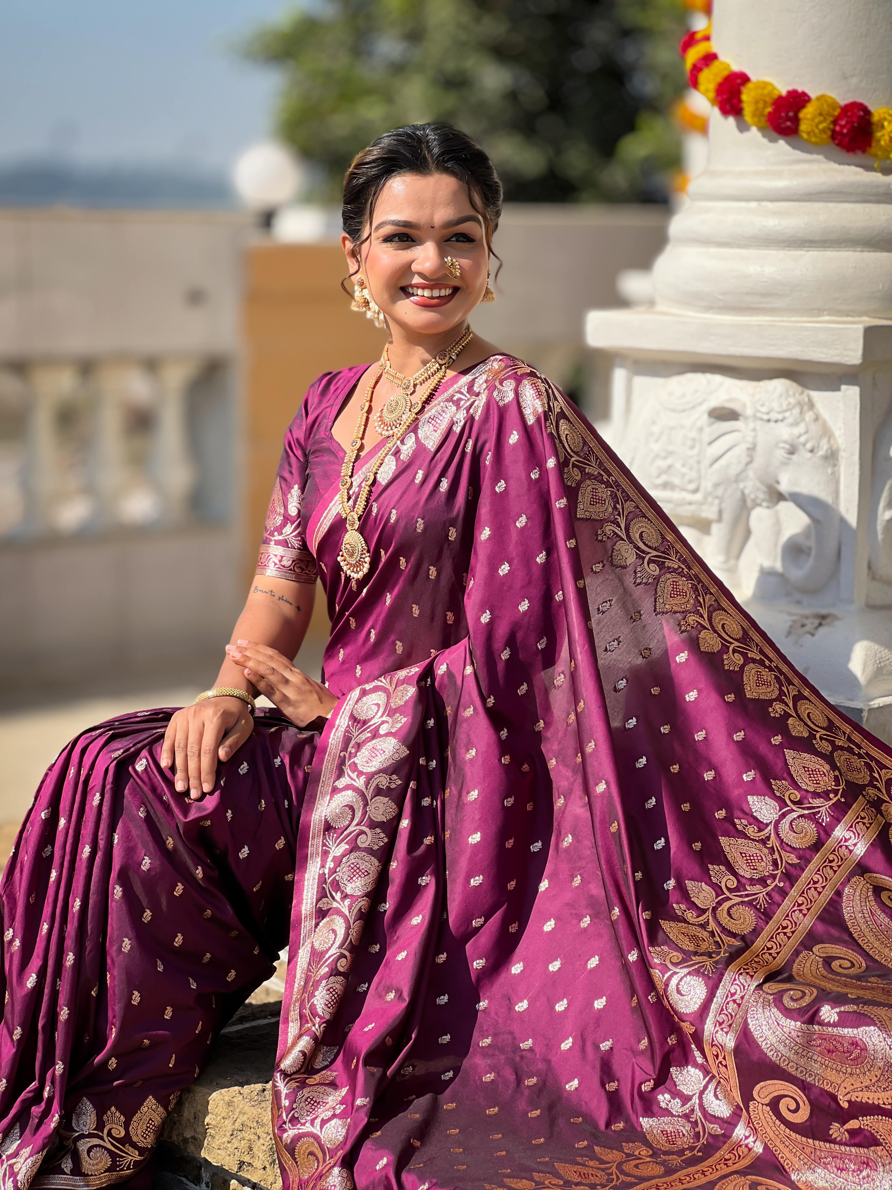 Wine Varni Fabrics Women Anjir Geometric Banarasi Silk Tassels and Latkans Saree comes With Matching Blouse