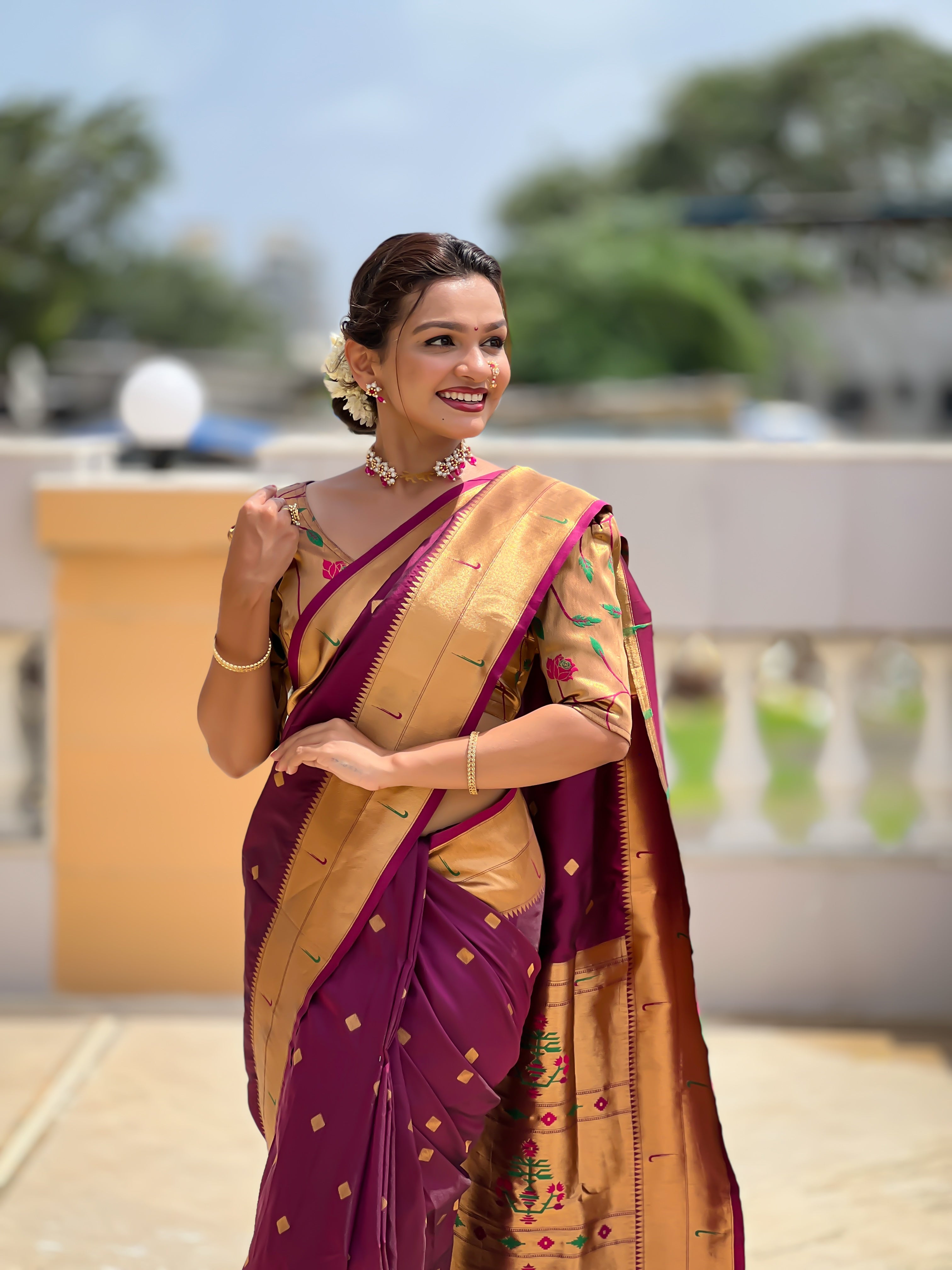 Wine Paithani Silk Saree with Zari Weaving, Meenakari Pallu & Double Munia Border
