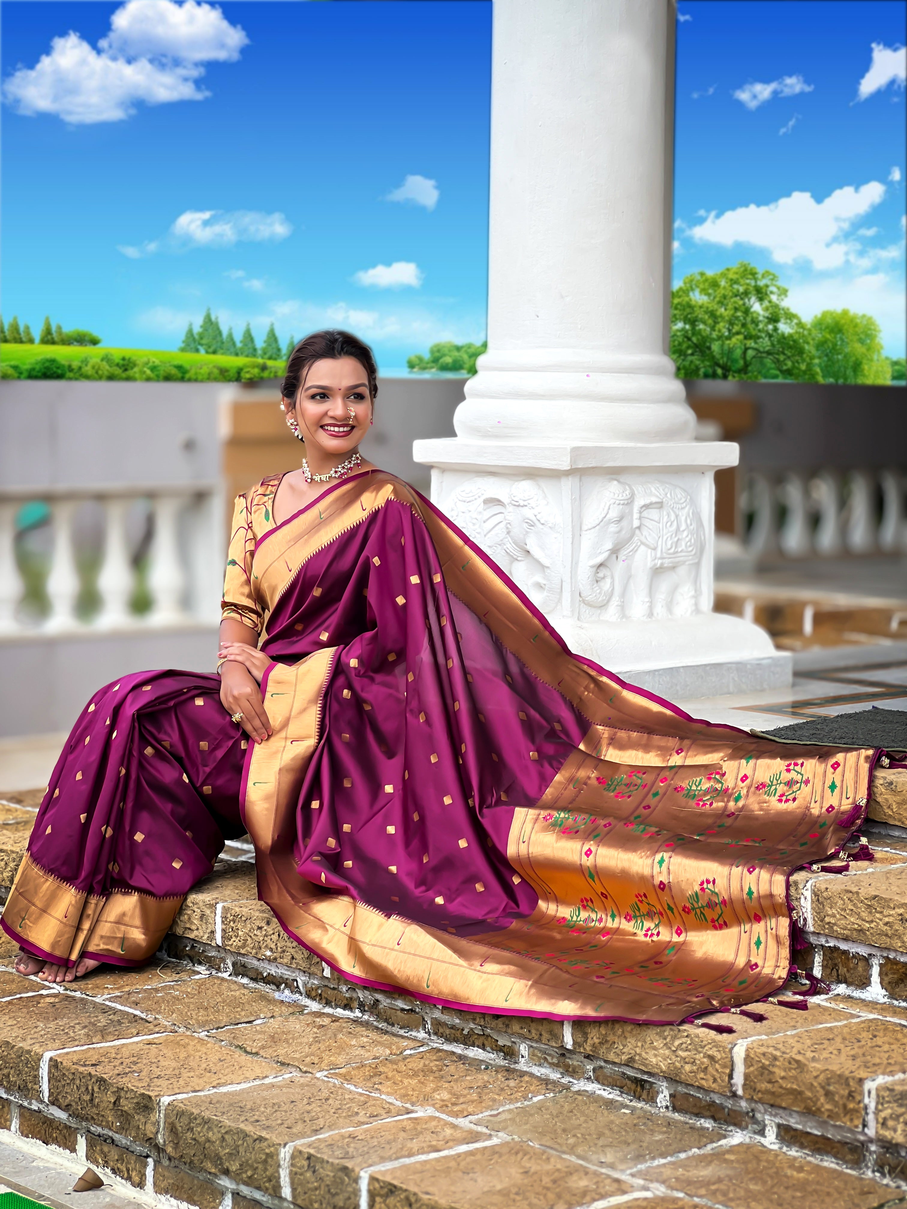 Wine Paithani Silk Saree with Zari Weaving, Meenakari Pallu & Double Munia Border