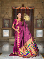 Wine Paithani Silk Saree with Meenakari Rich Pallu & Temple Weaving Border